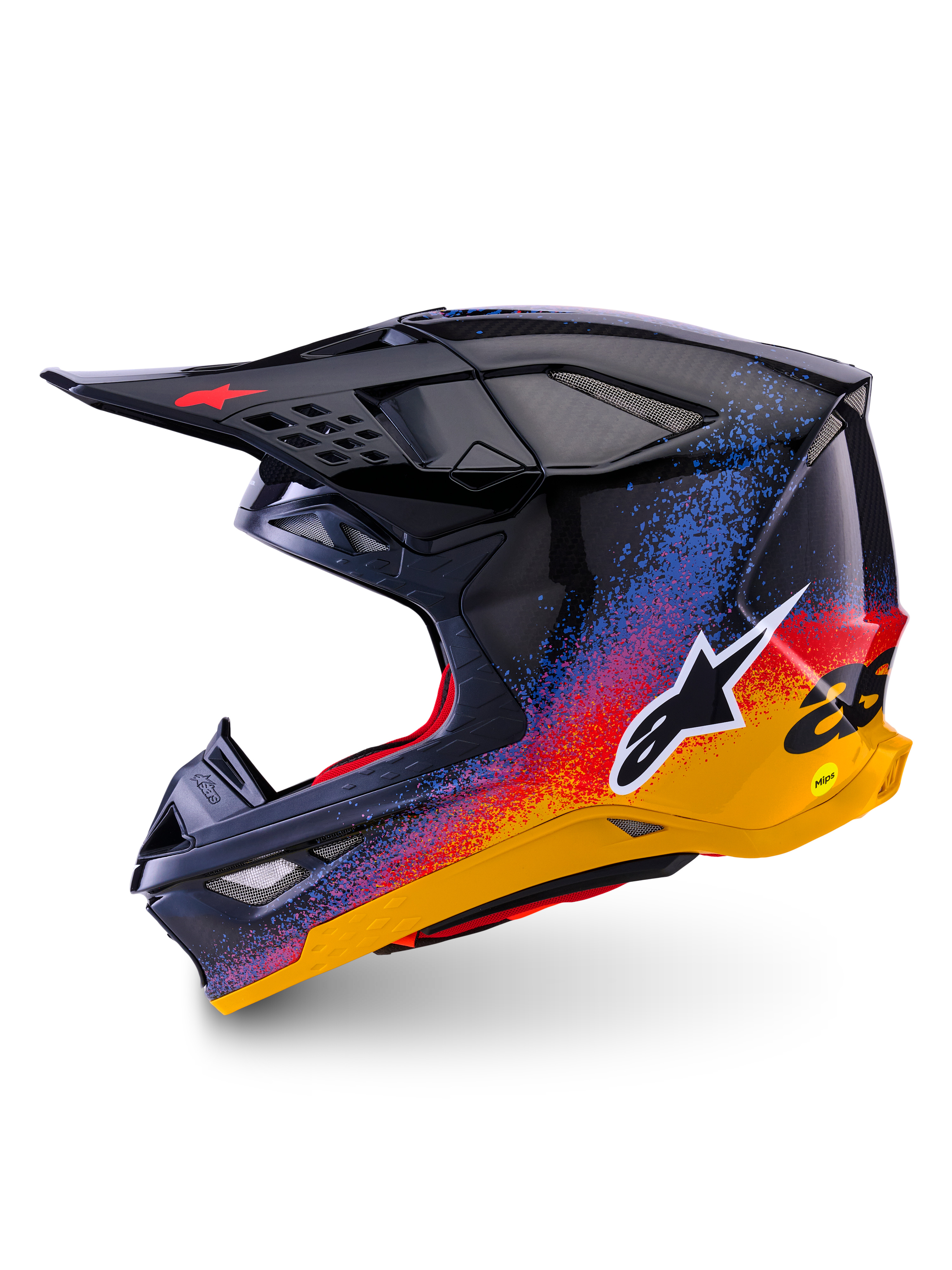 Alpinestars Limited Edition Supertech M10 Black Hole Helmet, kask motocrossowy, błyszczące wykończenie Black Burst z jaskrawym niebieskim, czerwonym i żółtym gradientowym wzorem typu splatter, widok z profilu ukazujący białe logo Astars i teksturę włókna węglowego