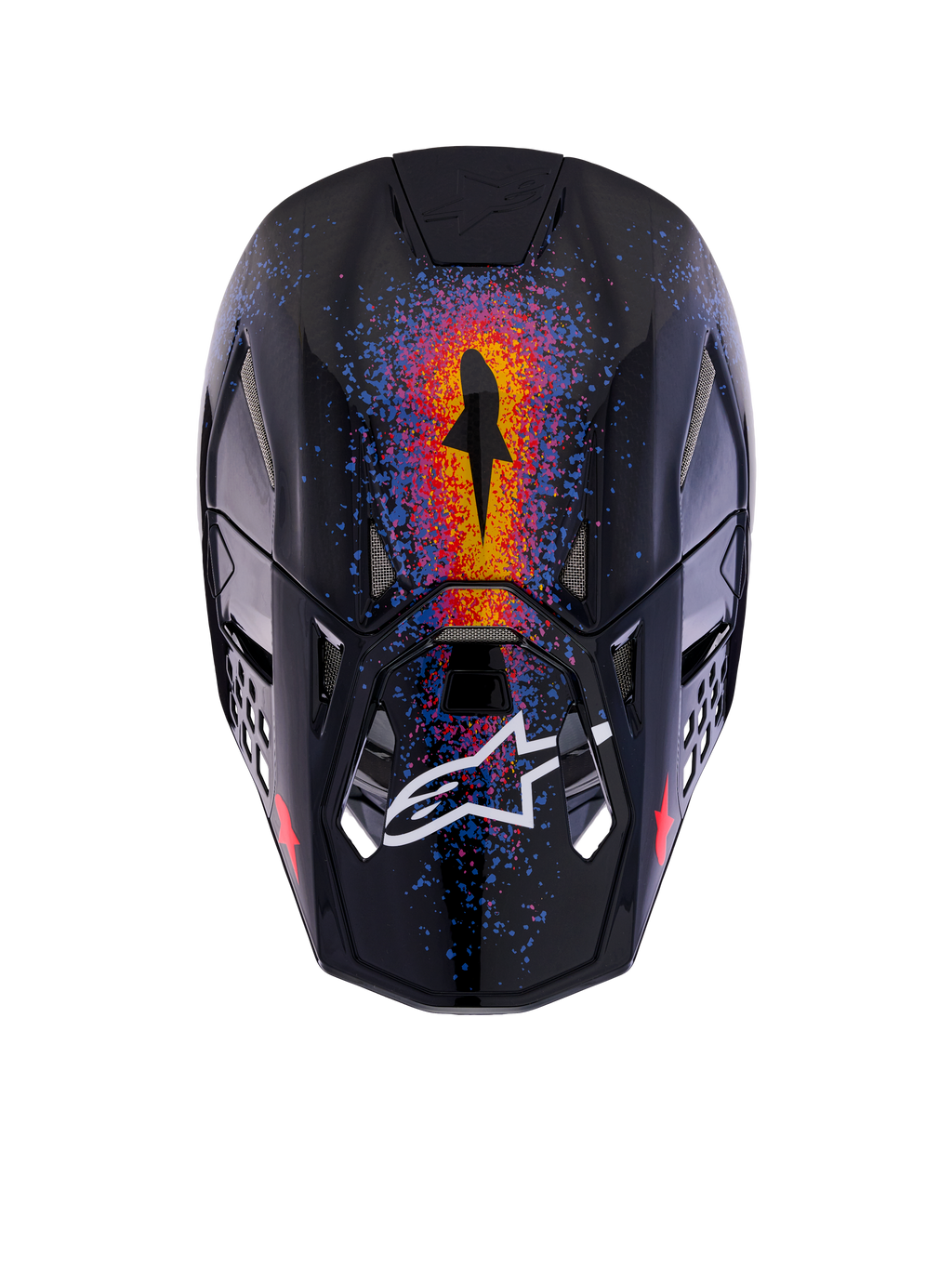 Kask Alpinestars Limited Edition Supertech M10 Black Hole, kask motocrossowy, czarny błyszczący, widok z góry ukazujący wyraziste grafiki inspirowane galaktyką w kolorach pomarańczowym, czerwonym i niebieskim, błyszczące wykończenie z białym logo Alpinestars na daszku