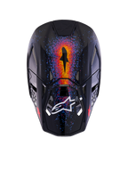 Kask Alpinestars Limited Edition Supertech M10 Black Hole, kask motocrossowy, czarny błyszczący, widok z góry ukazujący wyraziste grafiki inspirowane galaktyką w kolorach pomarańczowym, czerwonym i niebieskim, błyszczące wykończenie z białym logo Alpinestars na daszku