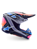 Alpinestars Limited Edition Supertech M10 Records Helmet, kask motocrossowy, wielokolorowy błyszczący, granatowa baza z jaskrawymi różowymi, pomarańczowymi i jasnoniebieskimi grafikami Records, widok z boku ukazujący aerodynamiczną skorupę, daszek i otwory wentylacyjne