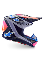 Alpinestars Limited Edition Supertech M10 Records Helmet, kask motocrossowy, wielokolorowy błyszczący, granatowa baza z jaskrawymi różowymi, pomarańczowymi i jasnoniebieskimi grafikami Records, widok z boku ukazujący aerodynamiczną skorupę, daszek i otwory wentylacyjne