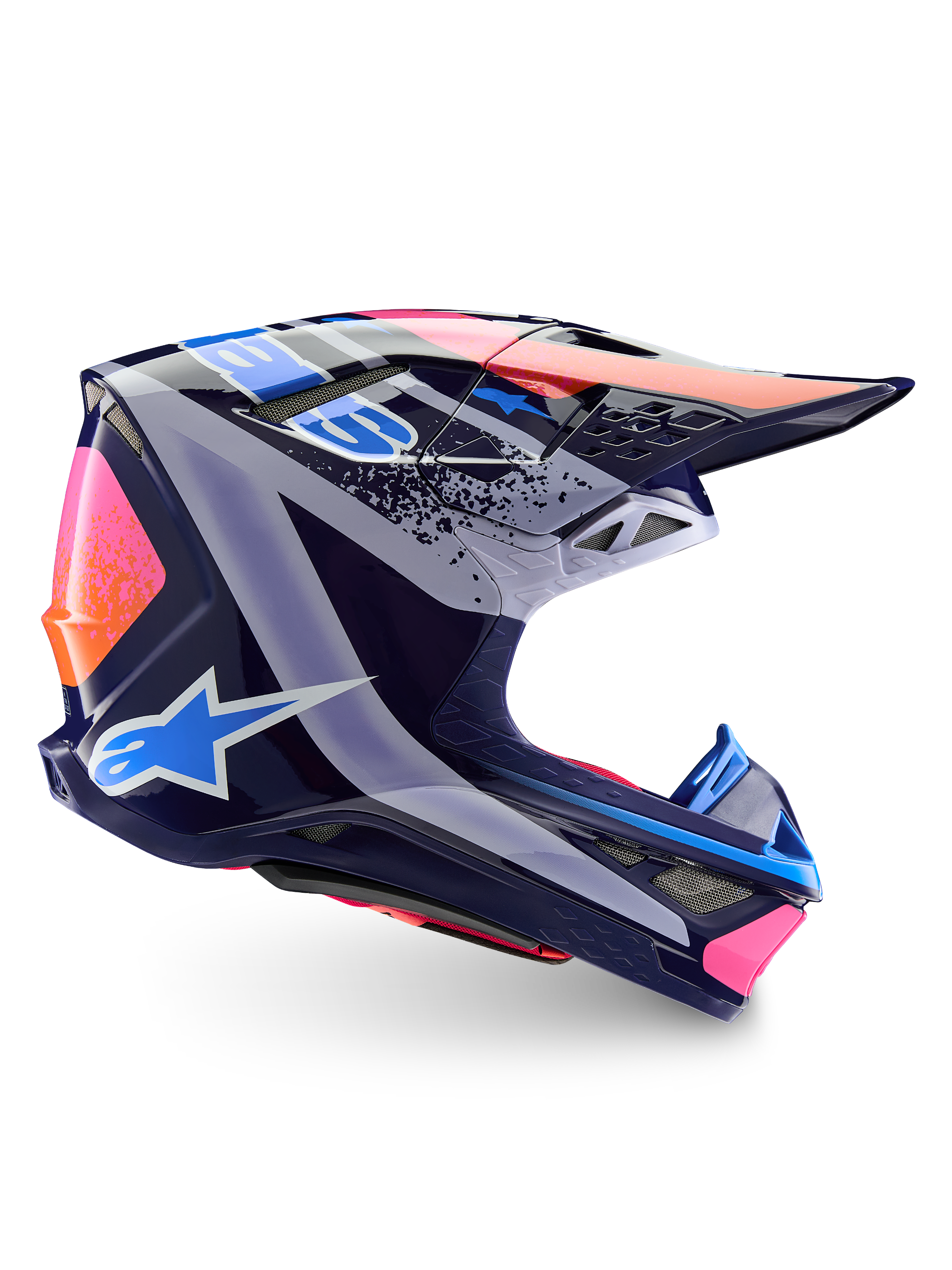 Alpinestars Limited Edition Supertech M10 Records Helmet, kask motocrossowy, wielokolorowy błyszczący, granatowa baza z jaskrawymi różowymi, pomarańczowymi i jasnoniebieskimi grafikami Records, widok z boku ukazujący aerodynamiczną skorupę, daszek i otwory wentylacyjne