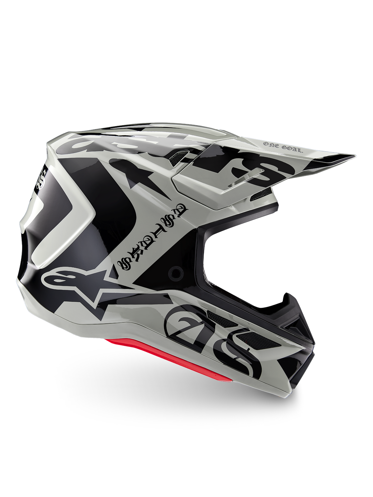 Kask Alpinestars Limited Edition S-M7 Wolf Dust, kask motocrossowy Dune Black Glossy, profil boczny z wyrazistą czarną grafiką i brandingiem, czerwone akcenty u podstawy, aerodynamiczna ochrona głowy off-road