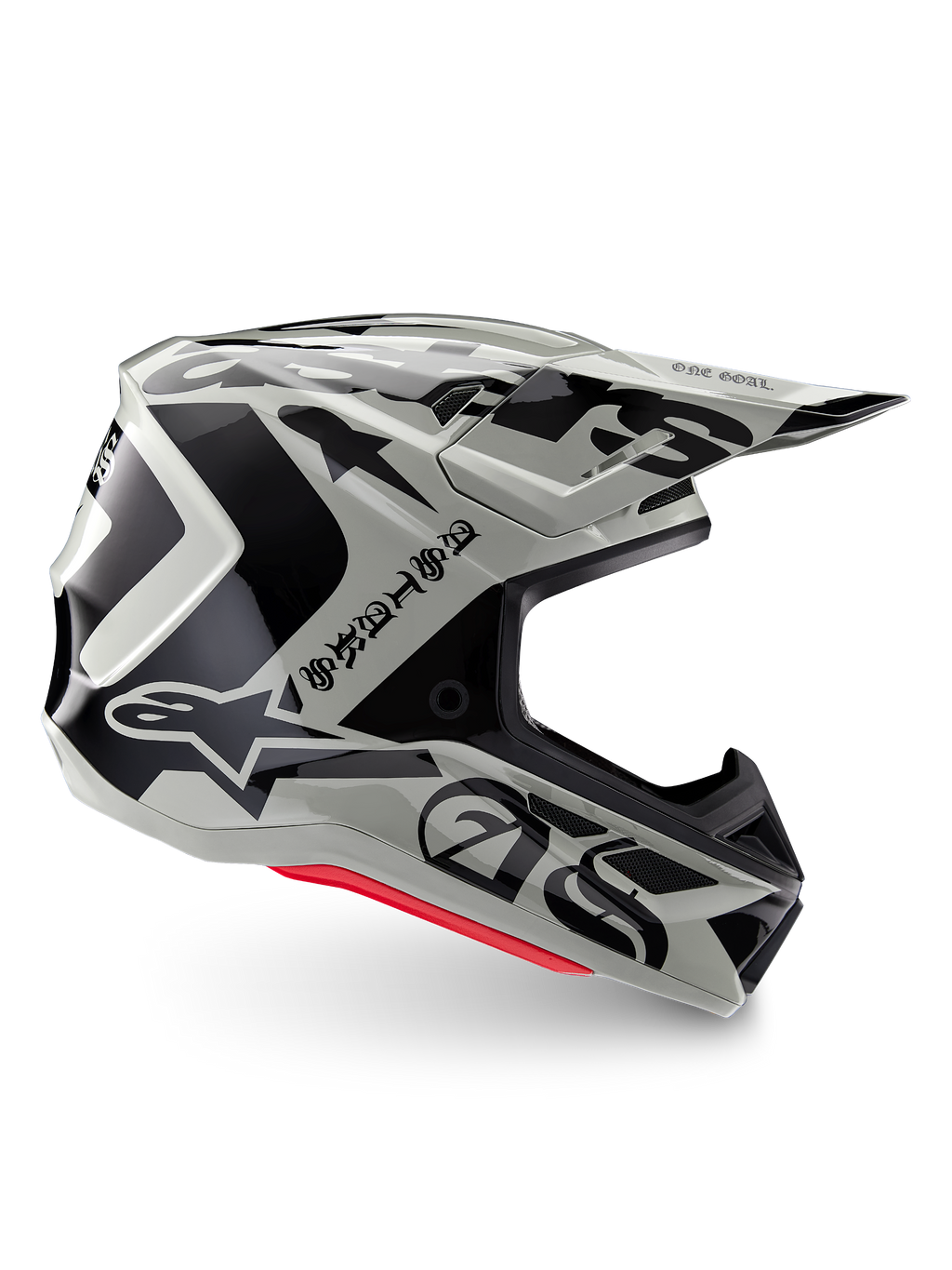 Kask Alpinestars Limited Edition S-M7 Wolf Dust, kask motocrossowy Dune Black Glossy, profil boczny z wyrazistą czarną grafiką i brandingiem, czerwone akcenty u podstawy, aerodynamiczna ochrona głowy off-road
