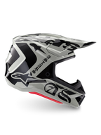Kask Alpinestars Limited Edition S-M7 Wolf Dust, kask motocrossowy Dune Black Glossy, profil boczny z wyrazistą czarną grafiką i brandingiem, czerwone akcenty u podstawy, aerodynamiczna ochrona głowy off-road