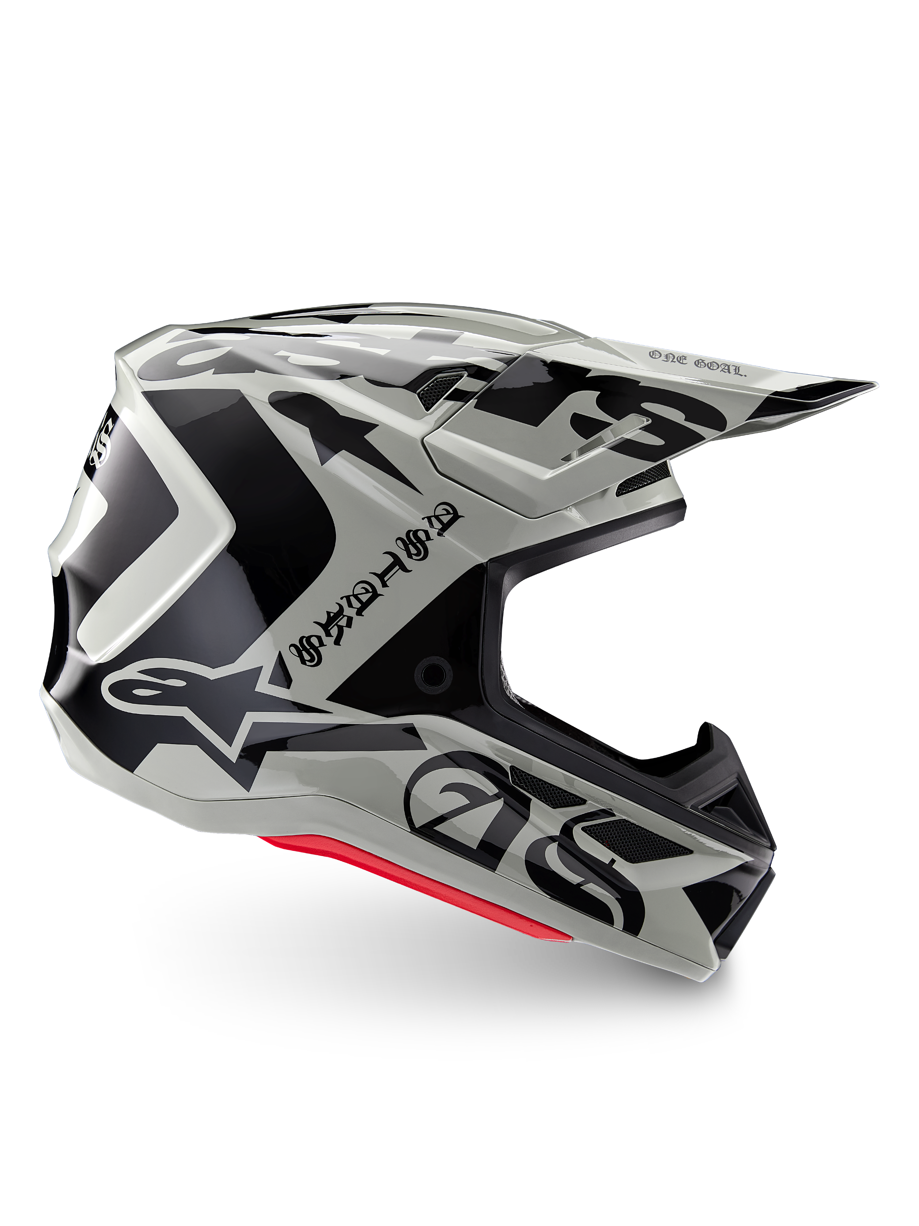 Kask Alpinestars Limited Edition S-M7 Wolf Dust, kask motocrossowy Dune Black Glossy, profil boczny z wyrazistą czarną grafiką i brandingiem, czerwone akcenty u podstawy, aerodynamiczna ochrona głowy off-road
