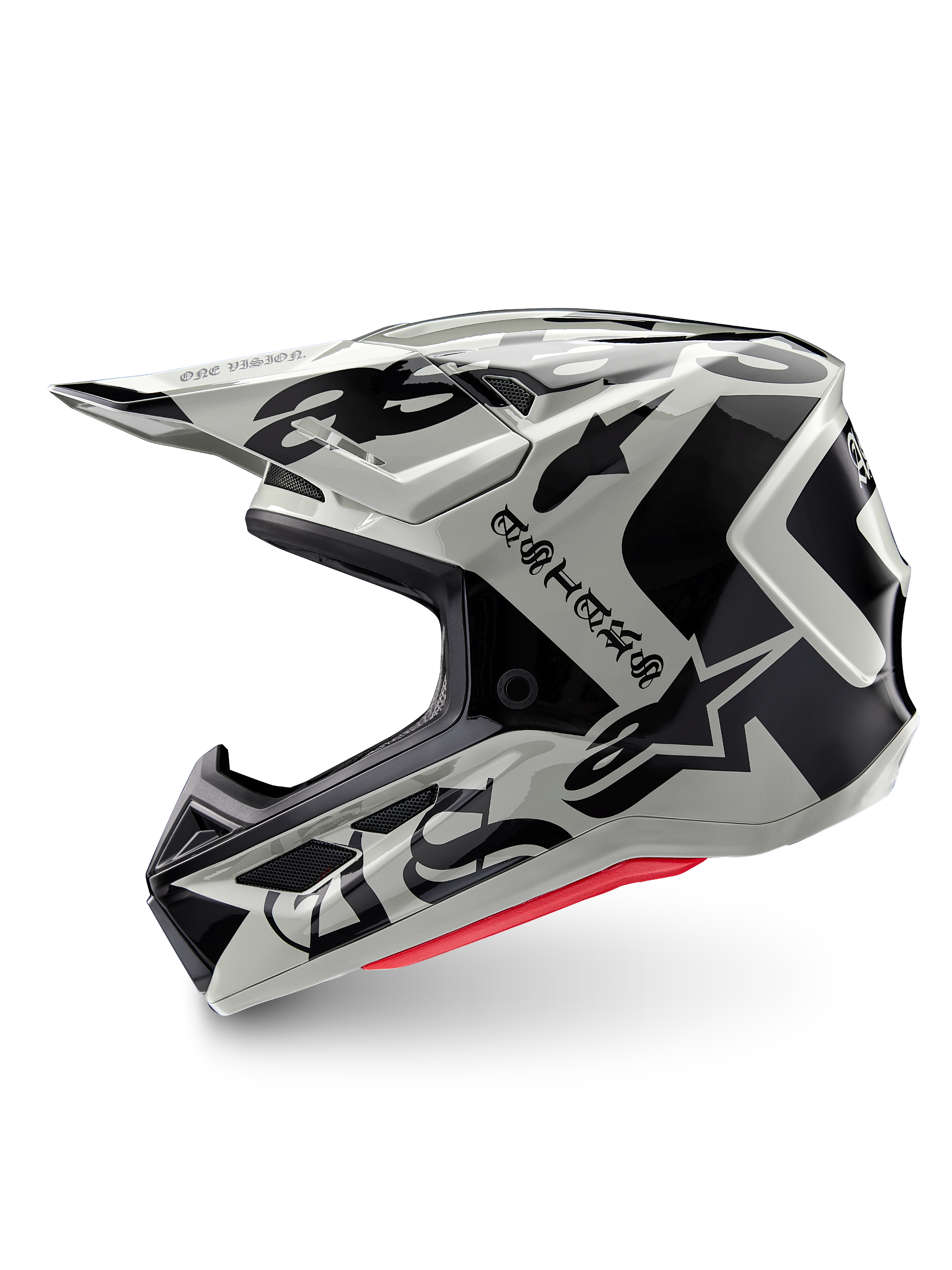 Kask Alpinestars Limited Edition S-M7 Wolf Dust, kask motocrossowy, Dune Black Glossy, skorupa w odcieniu złamanej bieli z czarnym gotyckim brandingiem ASTARS i wzorami graficznymi, widoczna czerwona wyściółka wewnętrzna, aerodynamiczny profil do wyścigów off-road