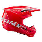 Alpinestars S-M5 Corp Helmet ECE, Motocross Helmet, Bright Red Glossy, side profile view showing a large white Alpinestars logo on the lower shell, aerodynamic ventilated visor with star logo, and high-gloss finish for off-road racing protection