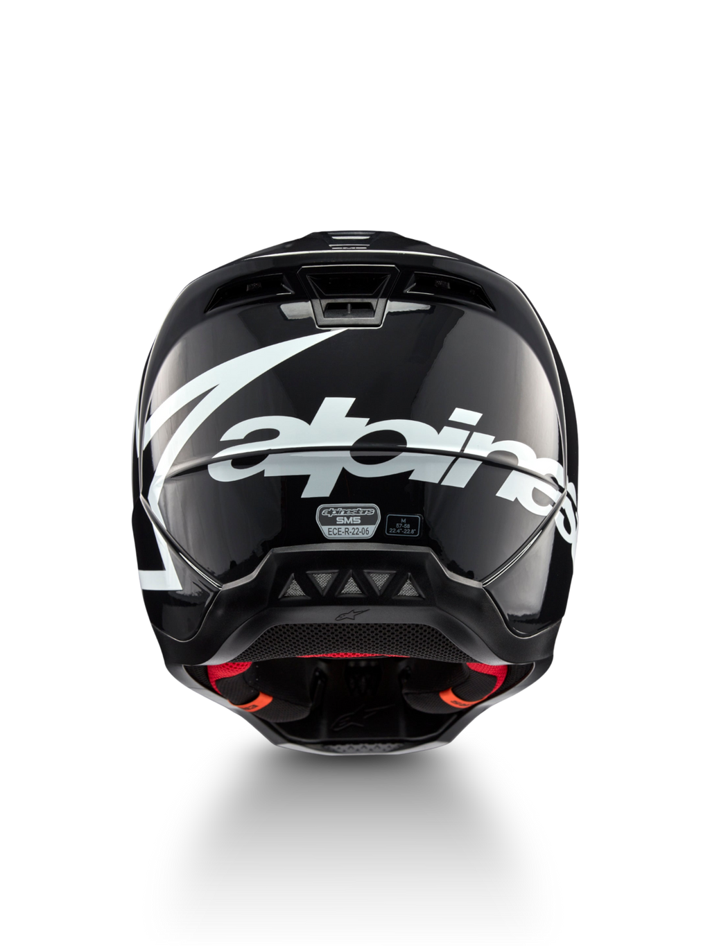 Kask Alpinestars S-M5 Corp, motocrossowy, ciemnoszary błyszczący, widok z tyłu z białym logo, certyfikat ECE 22.06