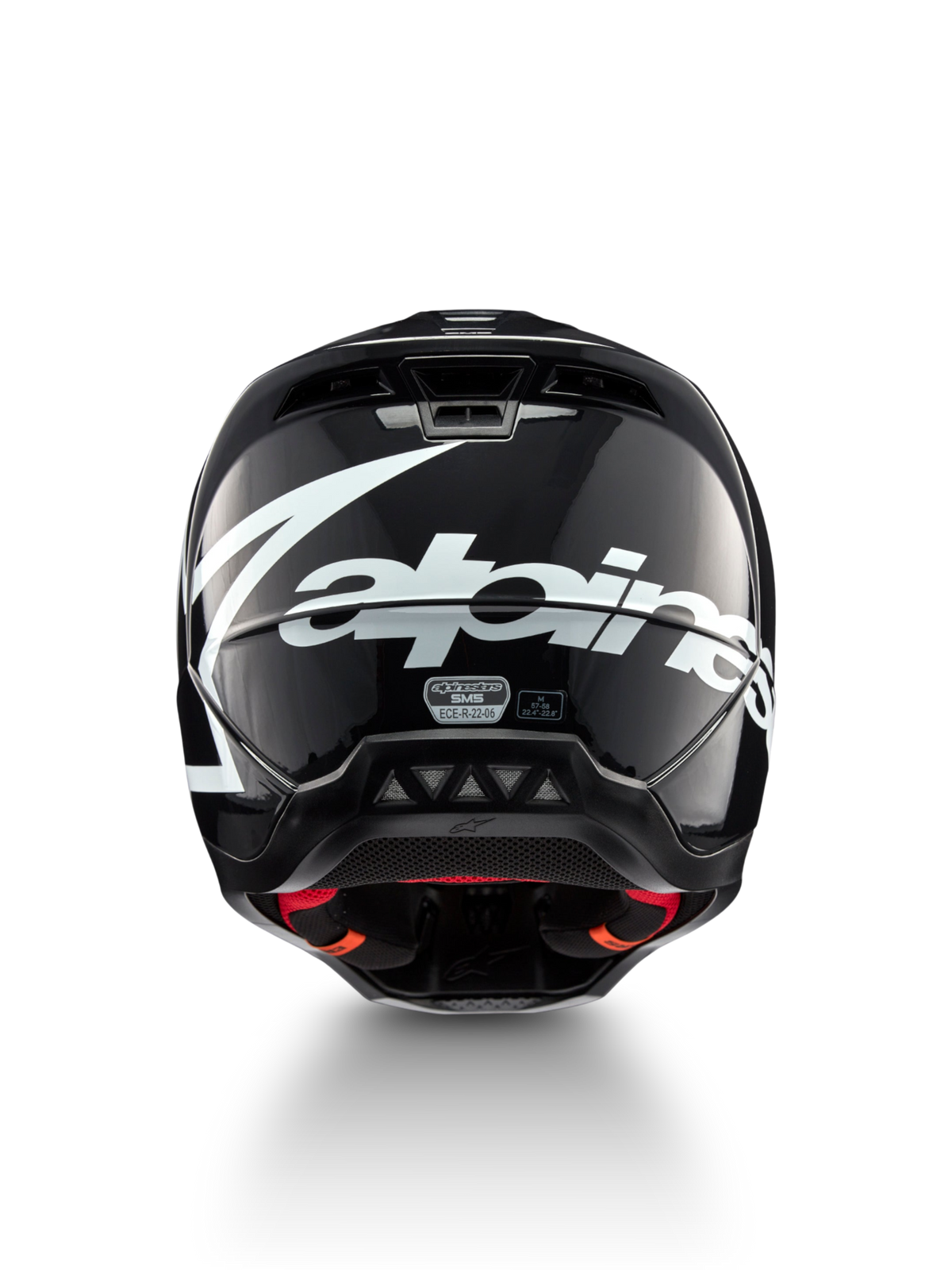 Kask Alpinestars S-M5 Corp, motocrossowy, ciemnoszary błyszczący, widok z tyłu z białym logo, certyfikat ECE 22.06