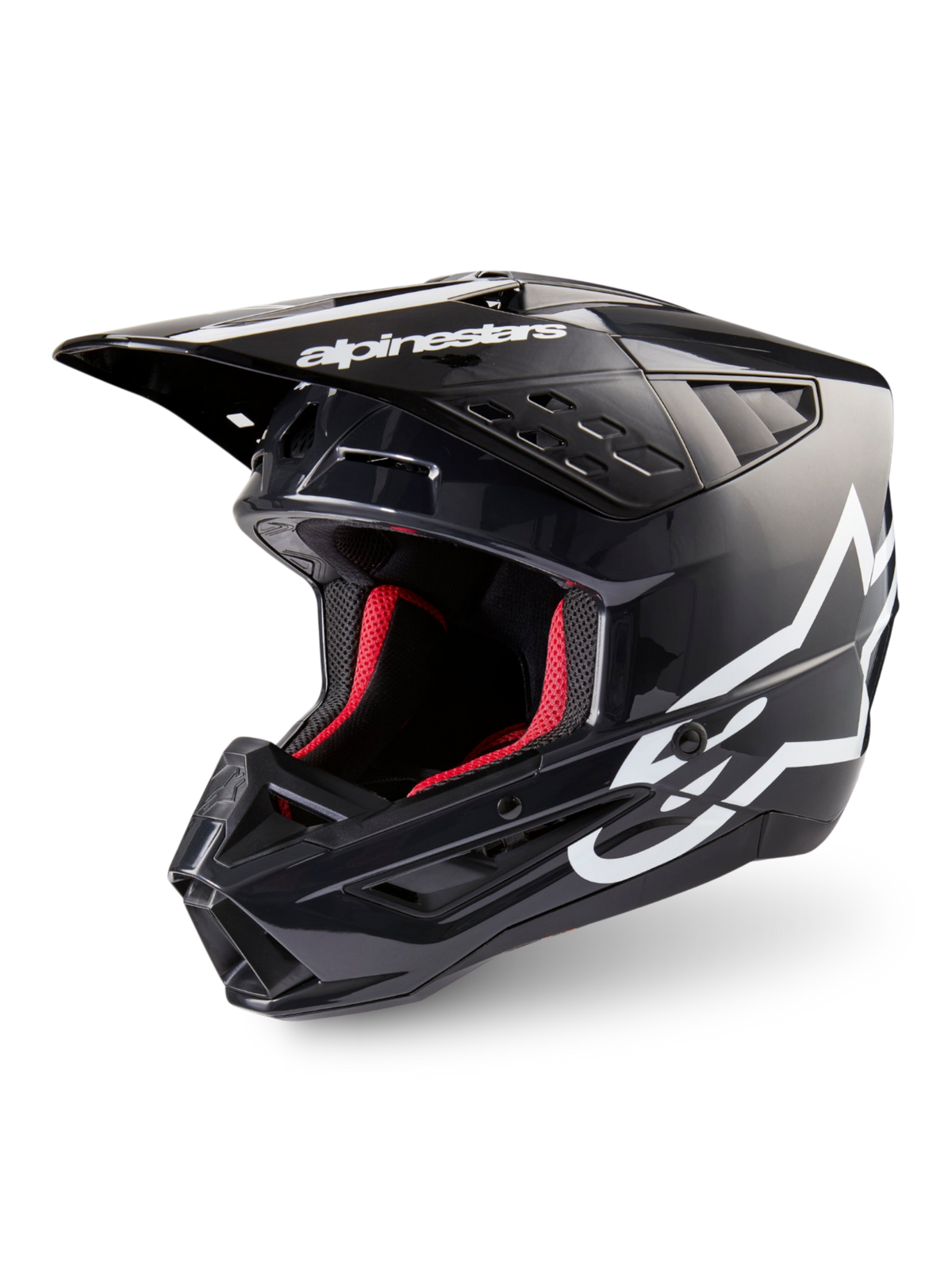 Alpinestars S-M5 Corp, kask motocrossowy, ciemnoszary błyszczący i biały, certyfikat ECE 22.06, czerwona wyściółka