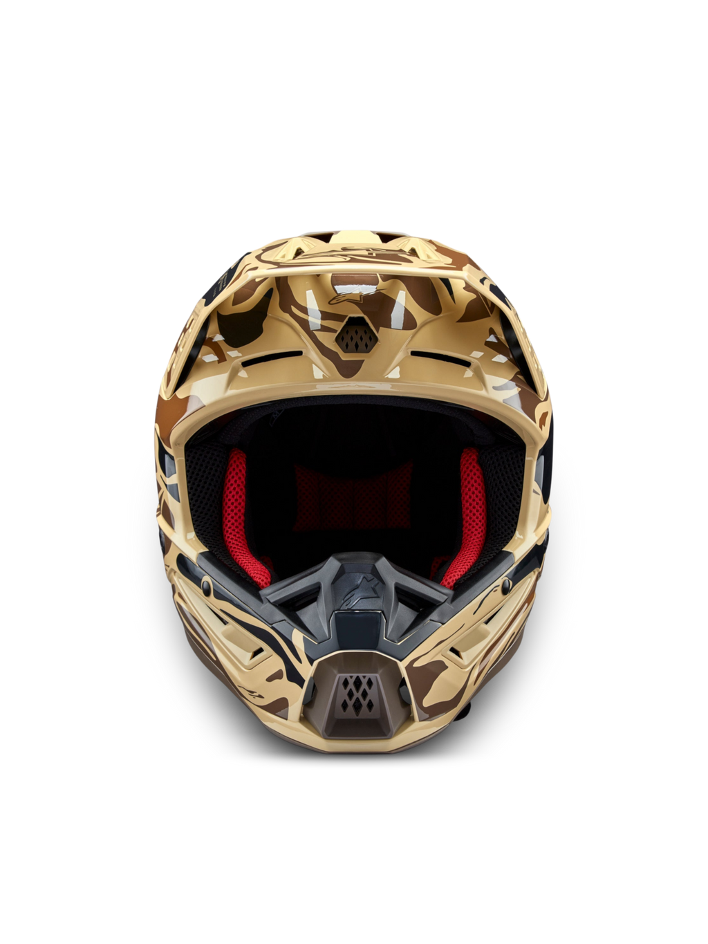 Kask Alpinestars S-M5 Mineral, kask motocrossowy, brązowy kamuflaż, certyfikat ECE 22.06, widok z przodu, czerwona wyściółka