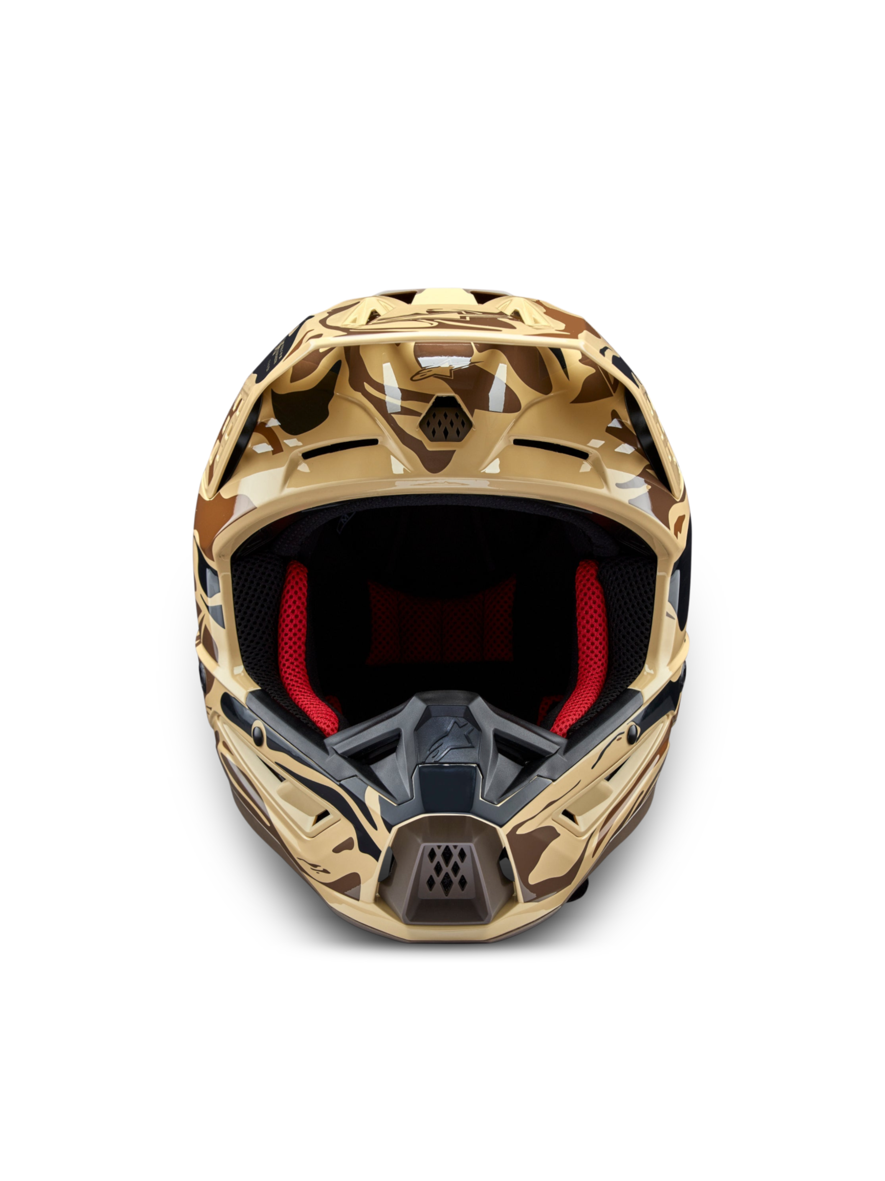 Kask Alpinestars S-M5 Mineral, kask motocrossowy, brązowy kamuflaż, certyfikat ECE 22.06, widok z przodu, czerwona wyściółka