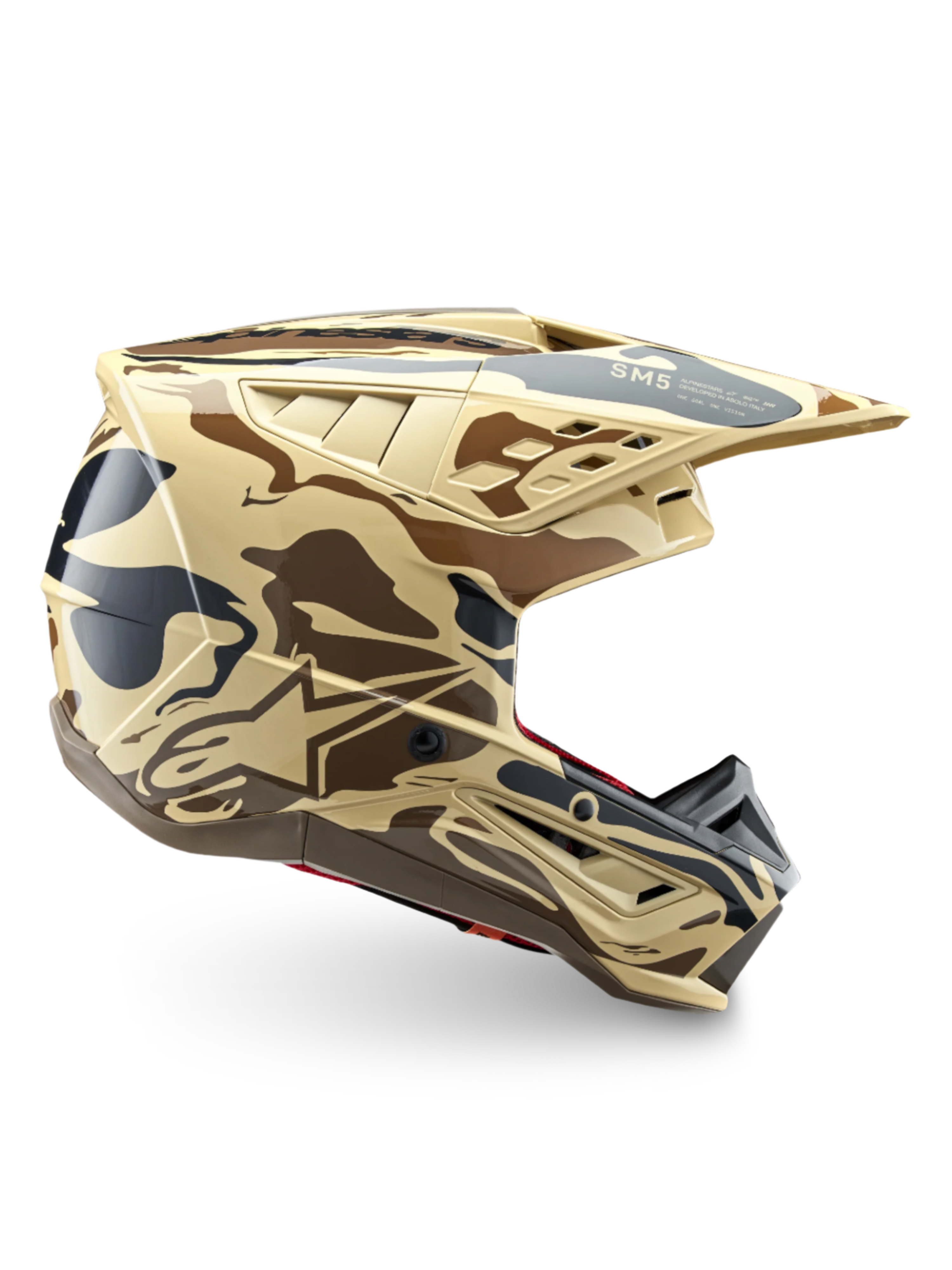 Kask Alpinestars S-M5 Mineral w beżowym i brązowym kamuflażu, ochrona off-road z certyfikatem ECE 22.06