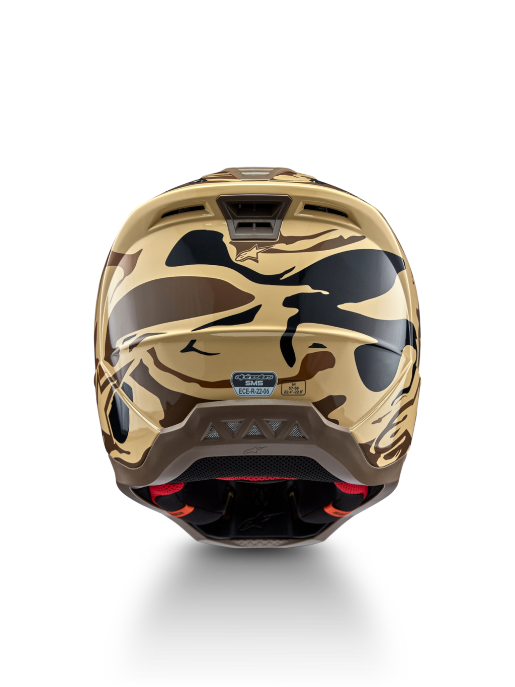 Kask Alpinestars S-M5 Mineral, kask motocrossowy MX, widok z tyłu, brązowy i czarny kamuflaż, certyfikat ECE 22.06.