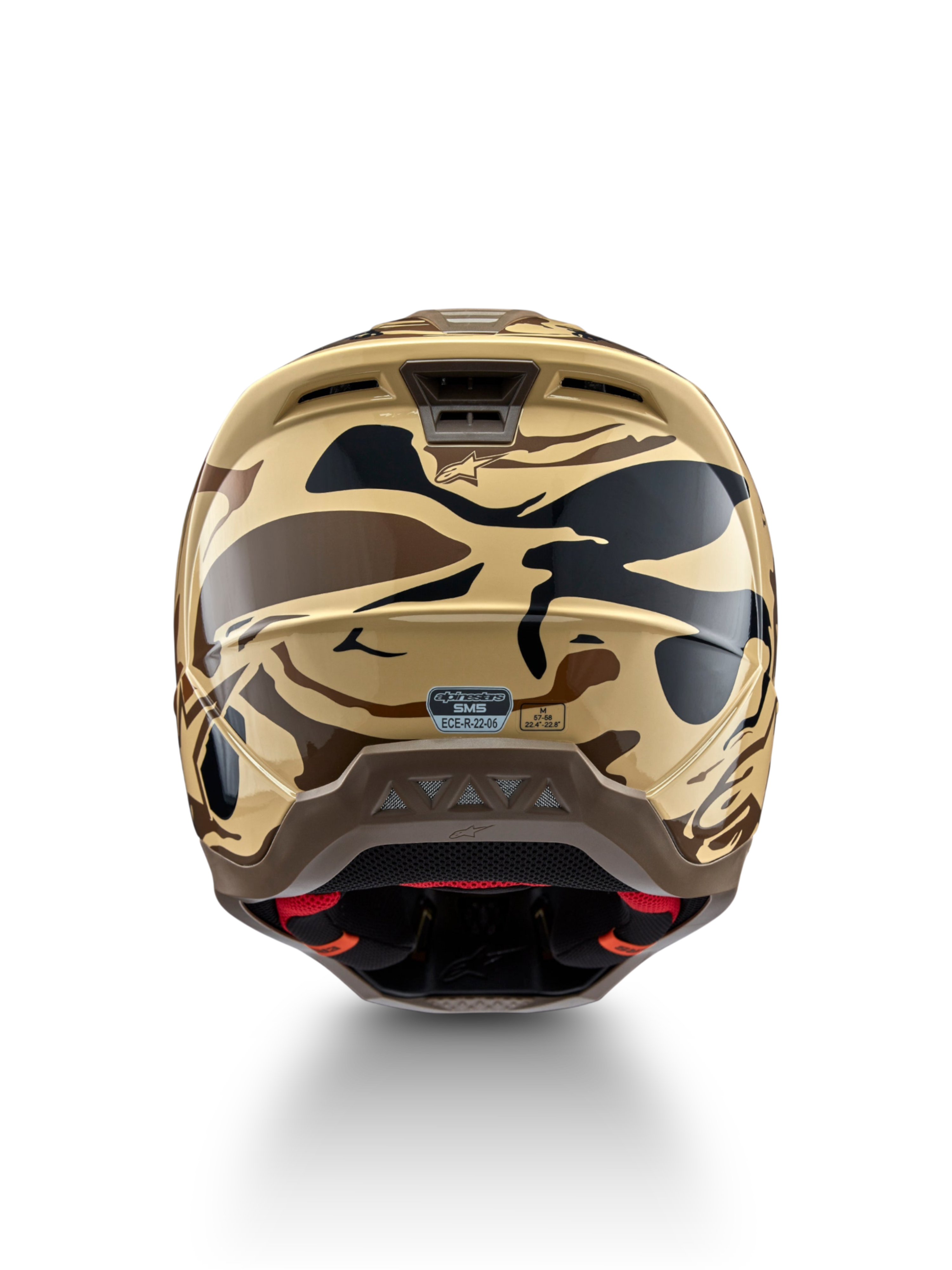Kask Alpinestars S-M5 Mineral, kask motocrossowy MX, widok z tyłu, brązowy i czarny kamuflaż, certyfikat ECE 22.06.