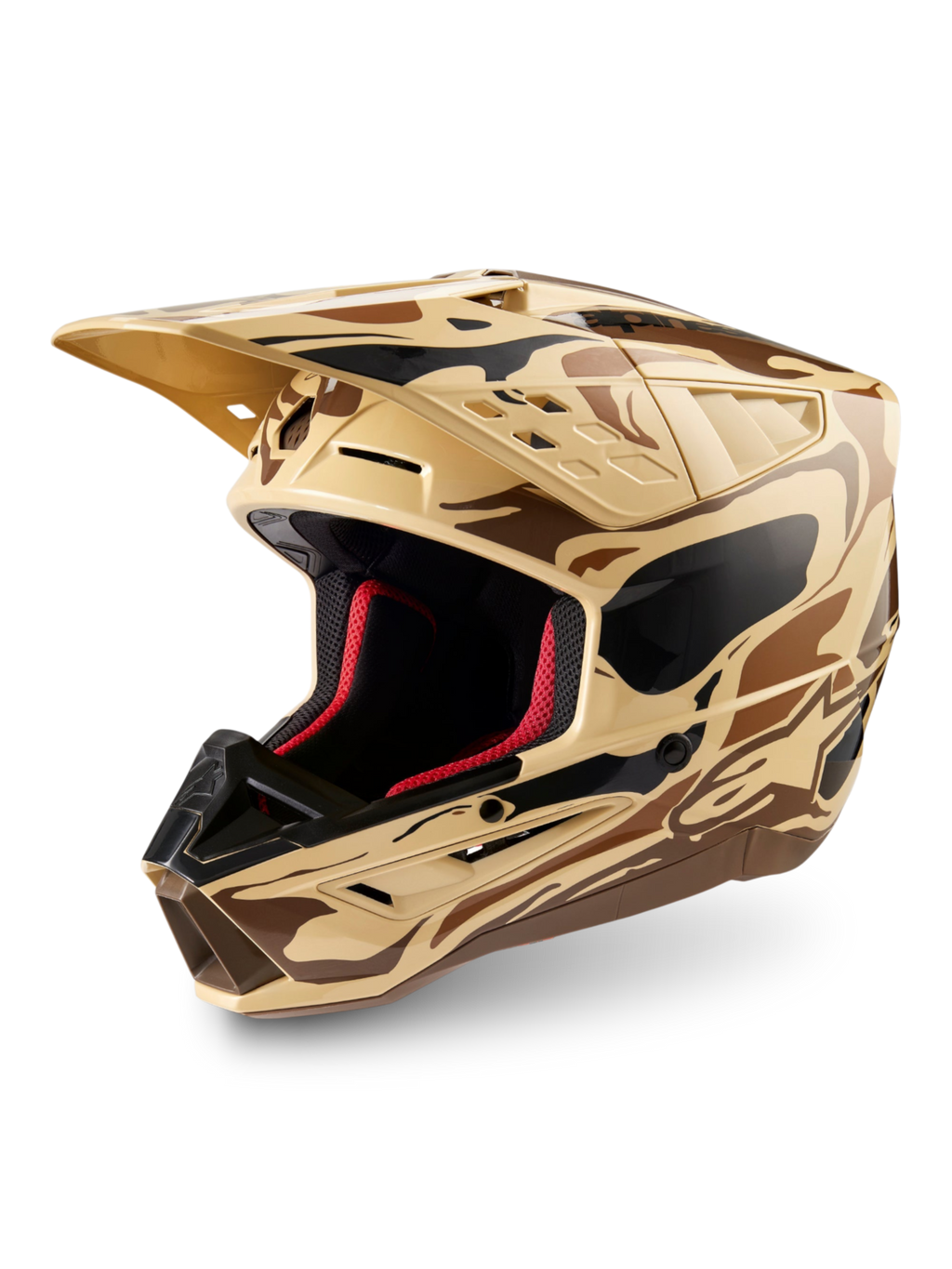 Alpinestars S-M5 Mineral, kask motocyklowy motocrossowy, matowy wzór camo w kolorach brązowym i beżowym, certyfikowany ECE 22.06, ochrona terenowa
