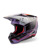 Alpinestars S-M5 Sail Helmet ECE, Motocross Helmet, Violet Black and Silver Glossy, featuring red interior padding and accents, glossy finish with bold Alpinestars logo, aerodynamic silver visor, professional off-road protective gear