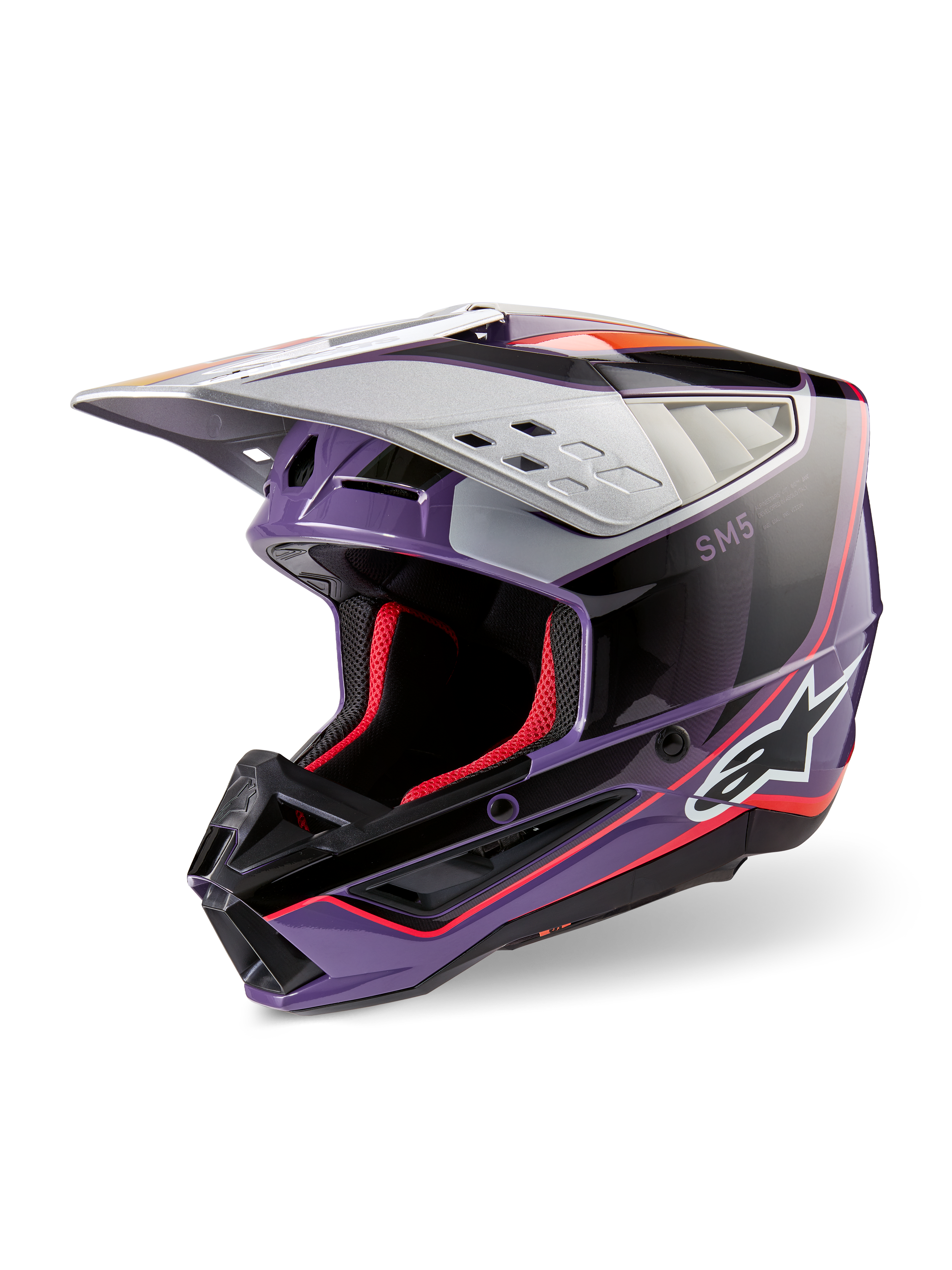Alpinestars S-M5 Sail Helmet ECE, Motocross Helmet, Violet Black and Silver Glossy, featuring red interior padding and accents, glossy finish with bold Alpinestars logo, aerodynamic silver visor, professional off-road protective gear