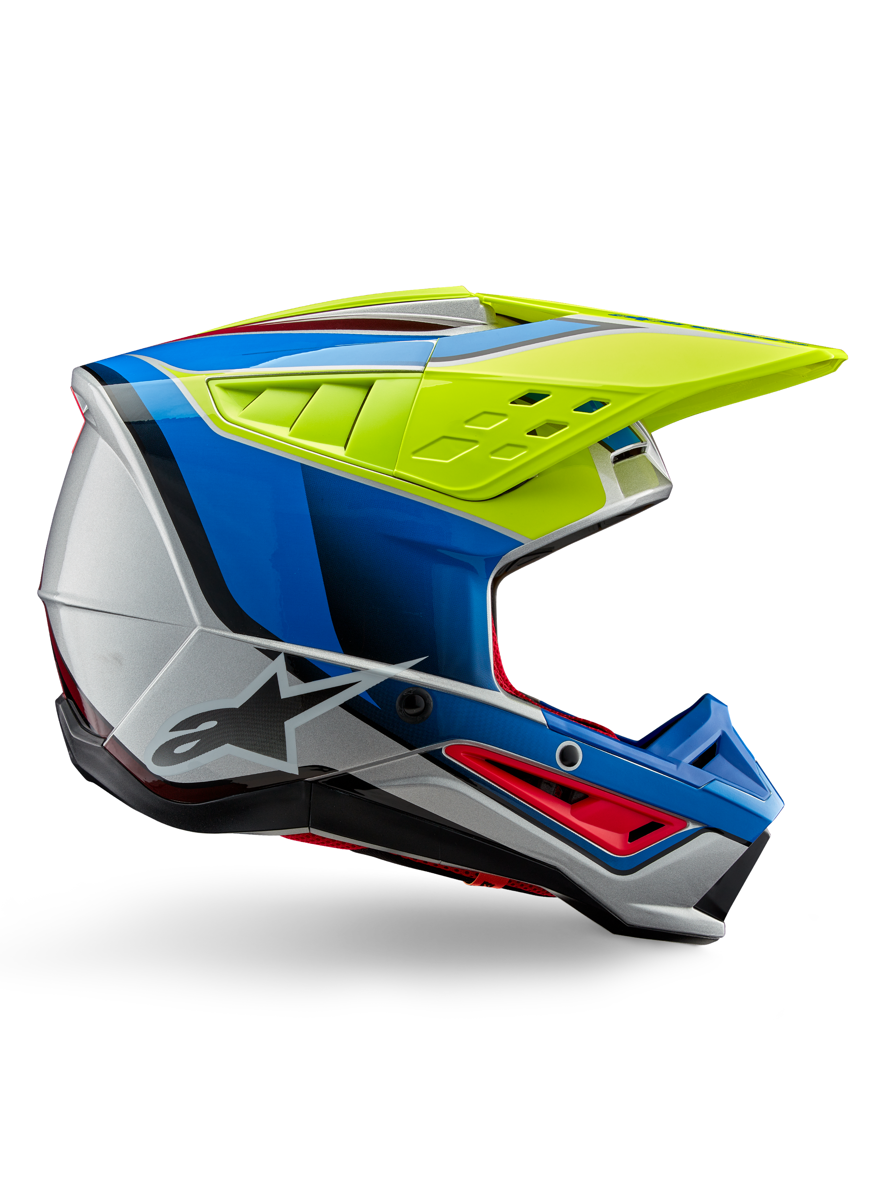 Kask Alpinestars S-M5 Sail ECE, kask motocrossowy, żółty fluo, niebieski i srebrny błyszczący, profil boczny z czerwonymi akcentami i czarnym logo gwiazdy, kanciasty design z otworami wentylacyjnymi, profesjonalna ochrona off-road