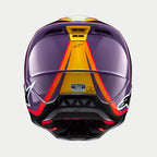 Alpinestars S-M5 Sail Helmet ECE, Motocross Helmet, Violet Black Silver Glossy, back view showing orange and yellow gradient graphics on a violet shell, glossy finish with white star logos on the sides, ventilation ports, and ECE certification label.