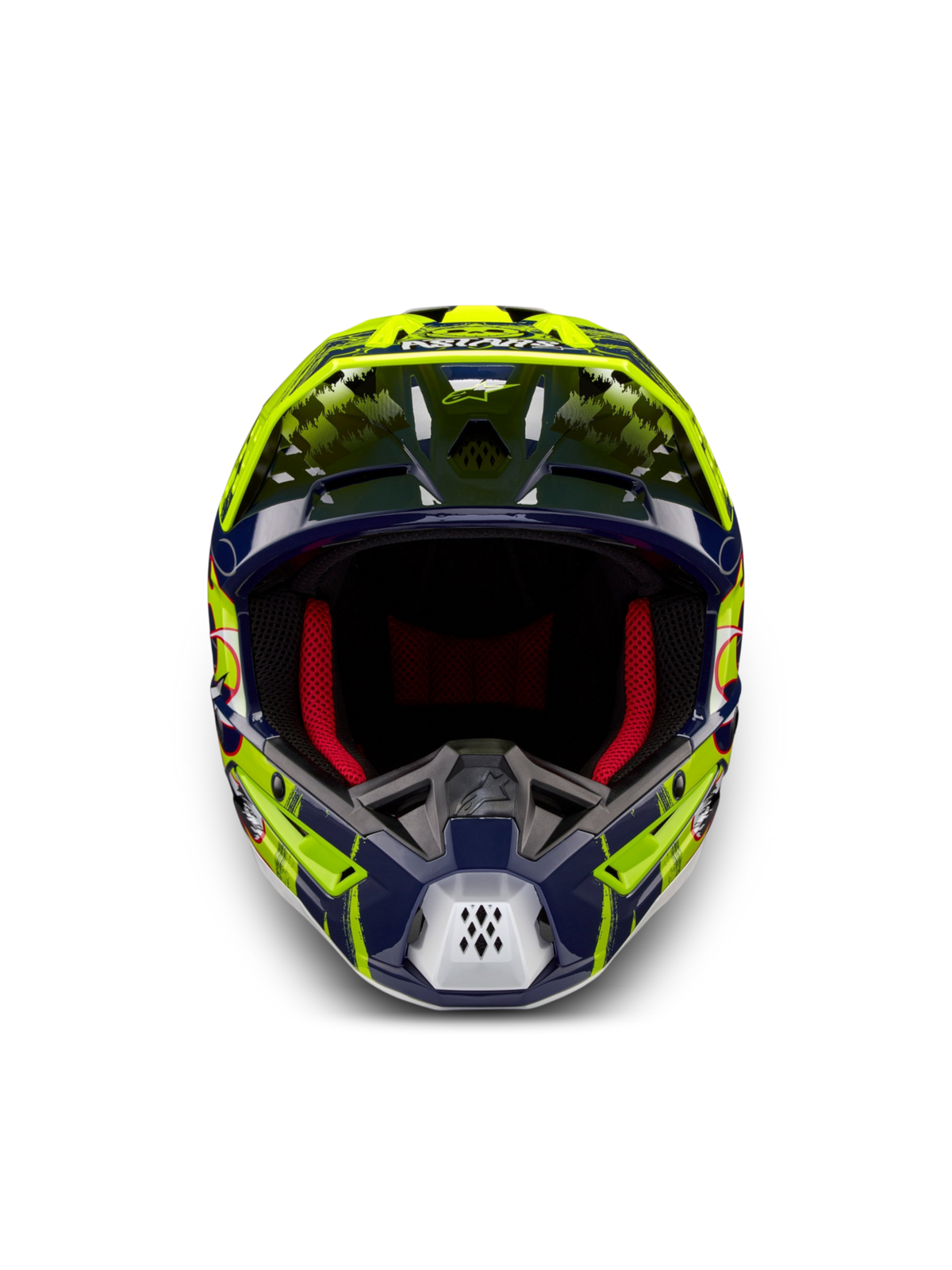 Alpinestars S-M5 Rash, kask motocrossowy, granatowy i żółty fluo, certyfikat ECE 22.06, czerwona wyściółka, widok z przodu