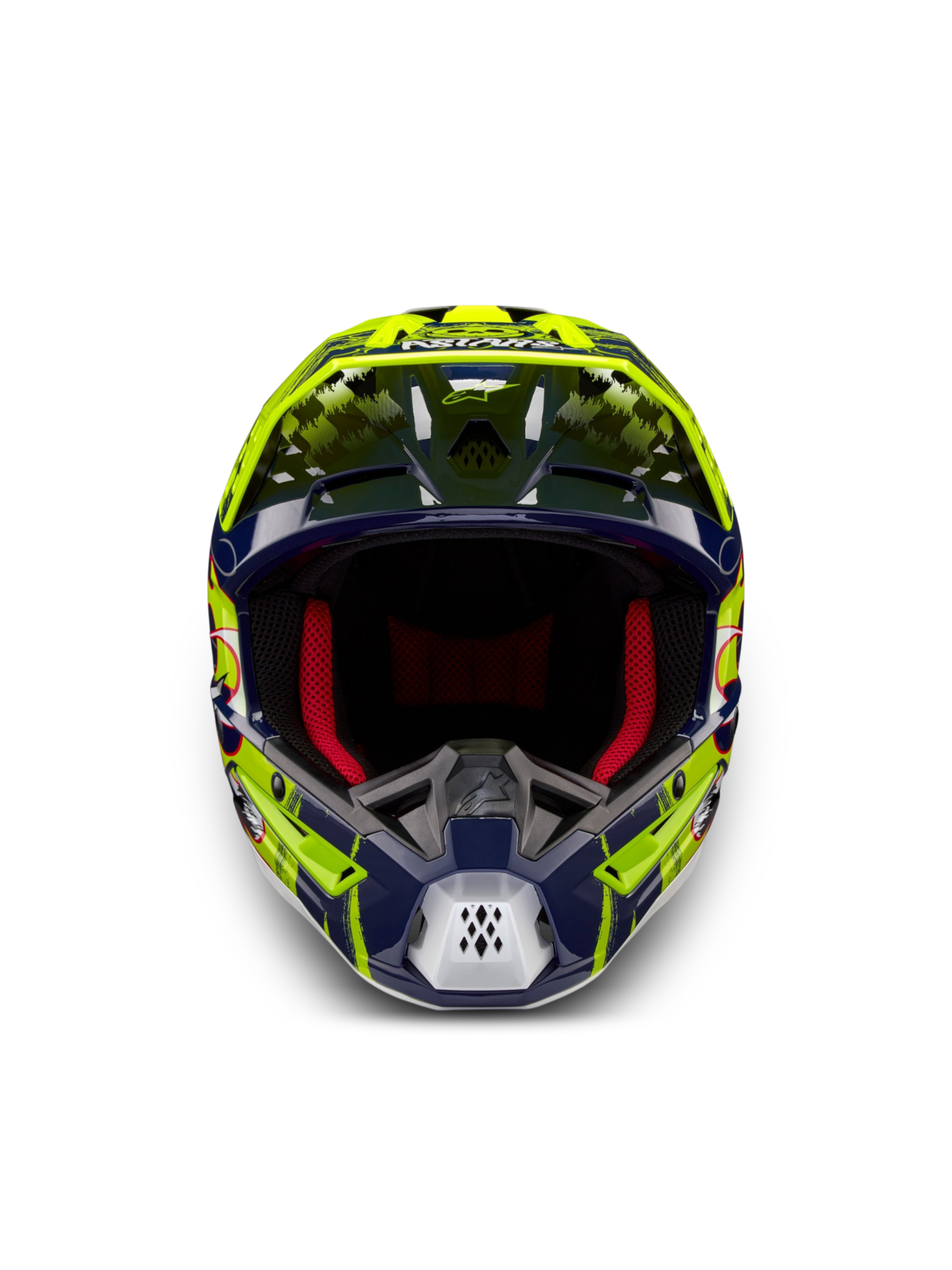 Alpinestars S-M5 Rash Helmet ECE 22.06, Motocross Helmet, Night Navy and Yellow Fluo, front view with red padding.