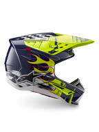 Alpinestars S-M5 Rash Helmet ECE 22.06, Motocross Helmet in Night Navy and Yellow Fluo Glossy featuring flame graphics and Alpinestars logo, optimized for off-road racing protection.