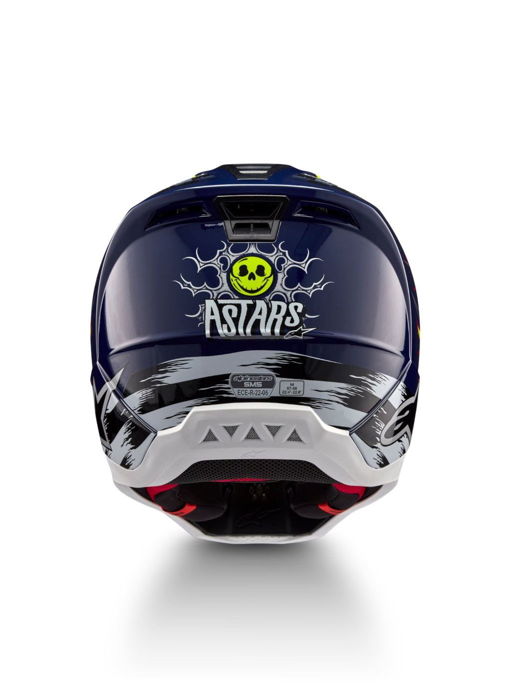Alpinestars S-M5 Rash Helmet in Night Navy and Yellow Fluo, featuring a rear skull graphic and ECE 22.06 certification.