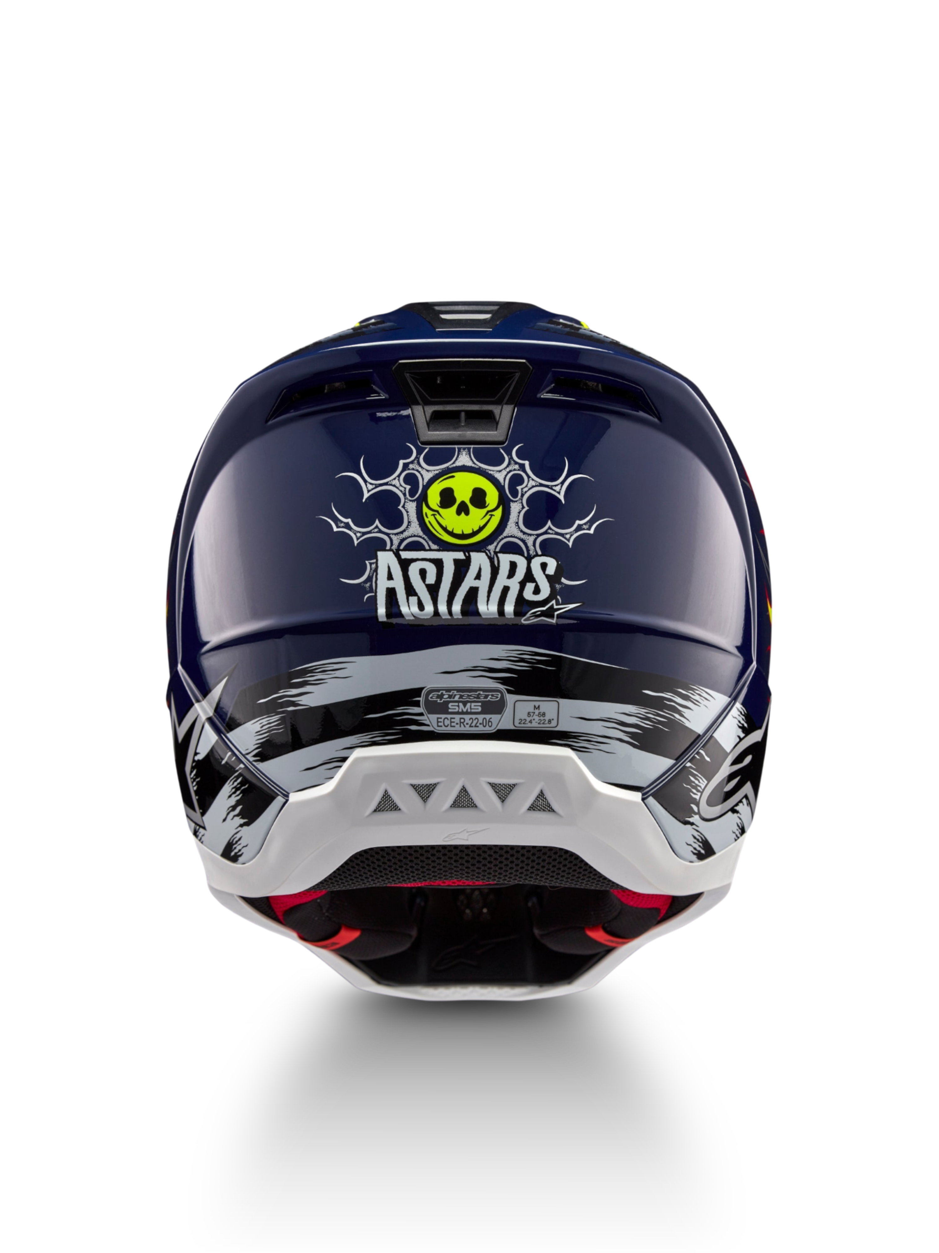 Alpinestars S-M5 Rash Helmet in Night Navy and Yellow Fluo, featuring a rear skull graphic and ECE 22.06 certification.