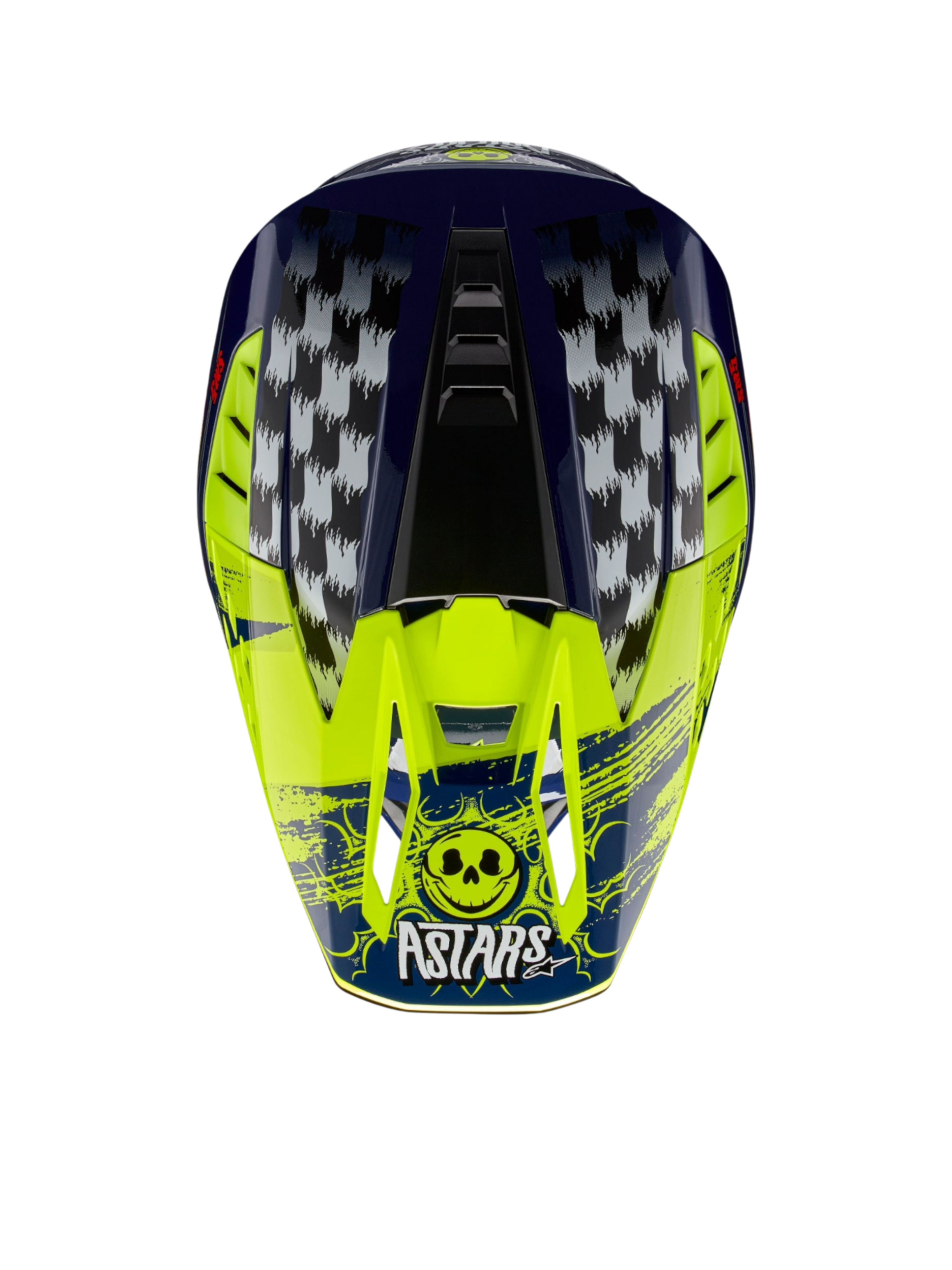Alpinestars S-M5 Rash Helmet, Motocross Helmet in Night Navy and Yellow Fluo with checkered graphics and Astars skull logo.
