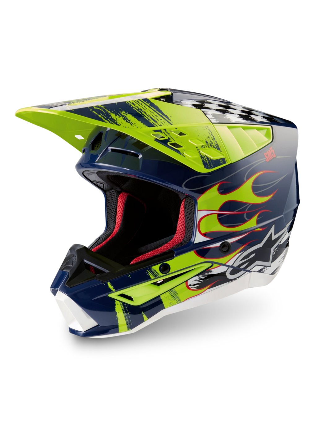 Alpinestars S-M5 Rash Helmet ECE 22.06, Night Navy and Yellow Fluo glossy motocross helmet with advanced protection.