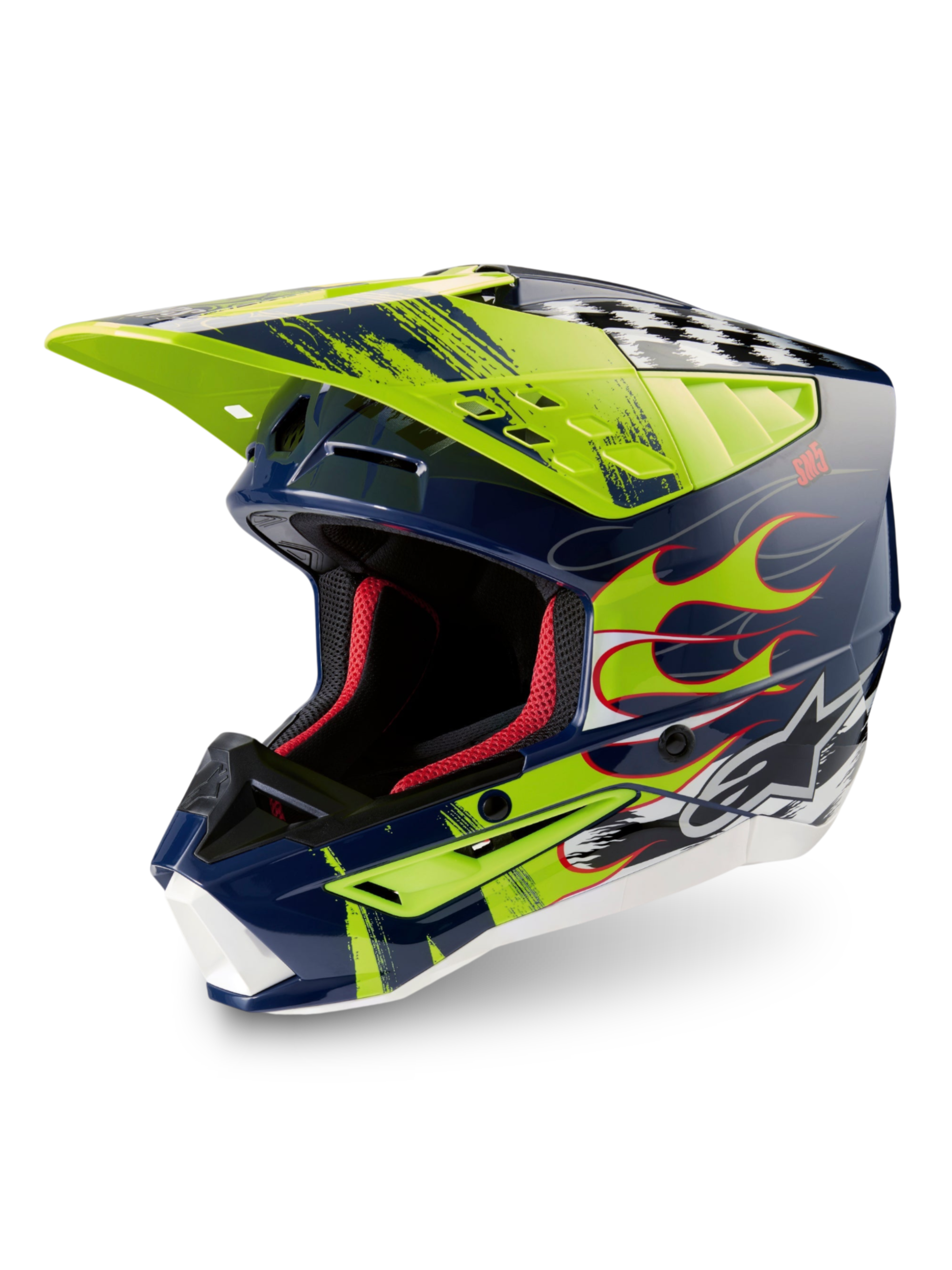 Alpinestars S-M5 Rash Helmet ECE 22.06, Night Navy and Yellow Fluo glossy motocross helmet with advanced protection.