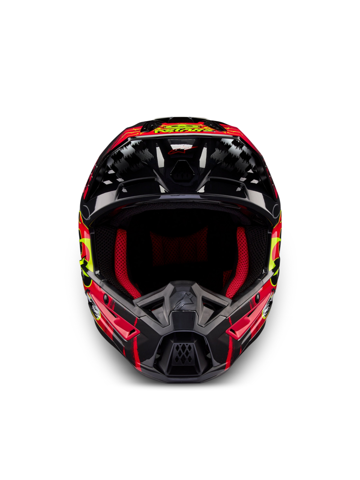 Alpinestars S-M5 Rash ECE 22.06, kask motocrossowy, ciemnoszary i jasnoczerwony, wentylowana skorupa, widok z przodu.