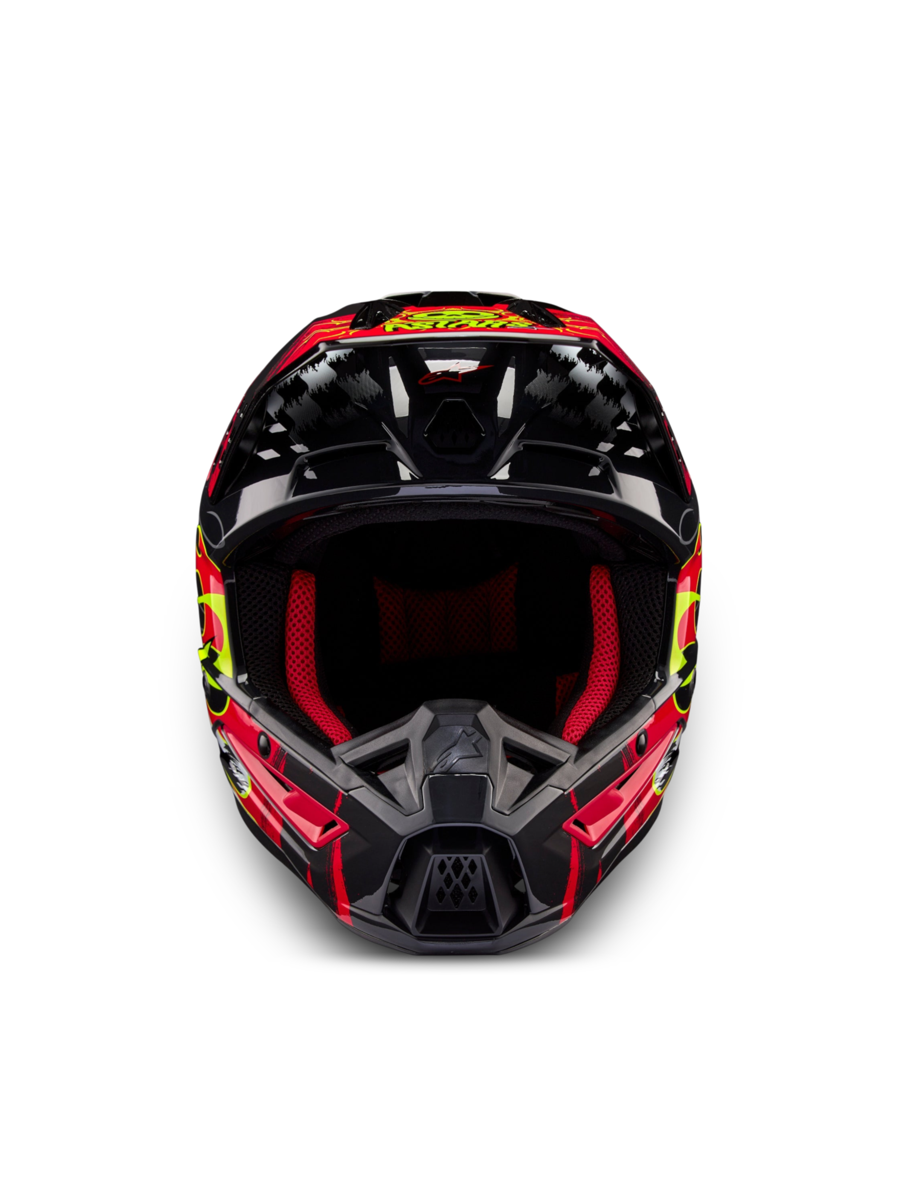 Alpinestars S-M5 Rash ECE 22.06, kask motocrossowy, ciemnoszary i jasnoczerwony, wentylowana skorupa, widok z przodu.