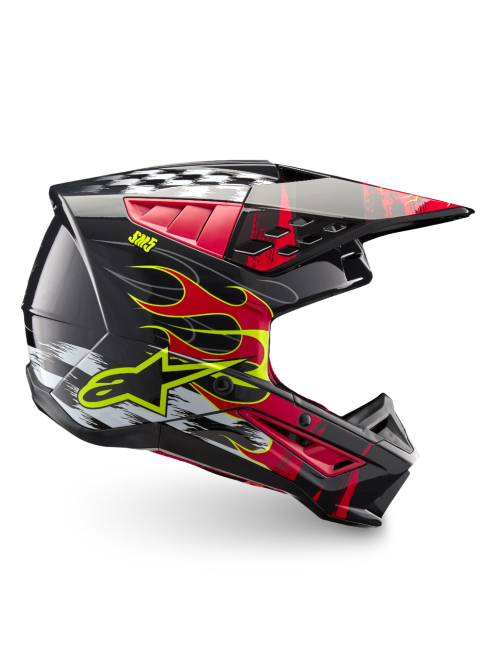 Alpinestars kask S-M5 Rash ECE 22.06, ciemnoszary i jasnoczerwony kask motocrossowy z grafiką płomieni, lekka skorupa