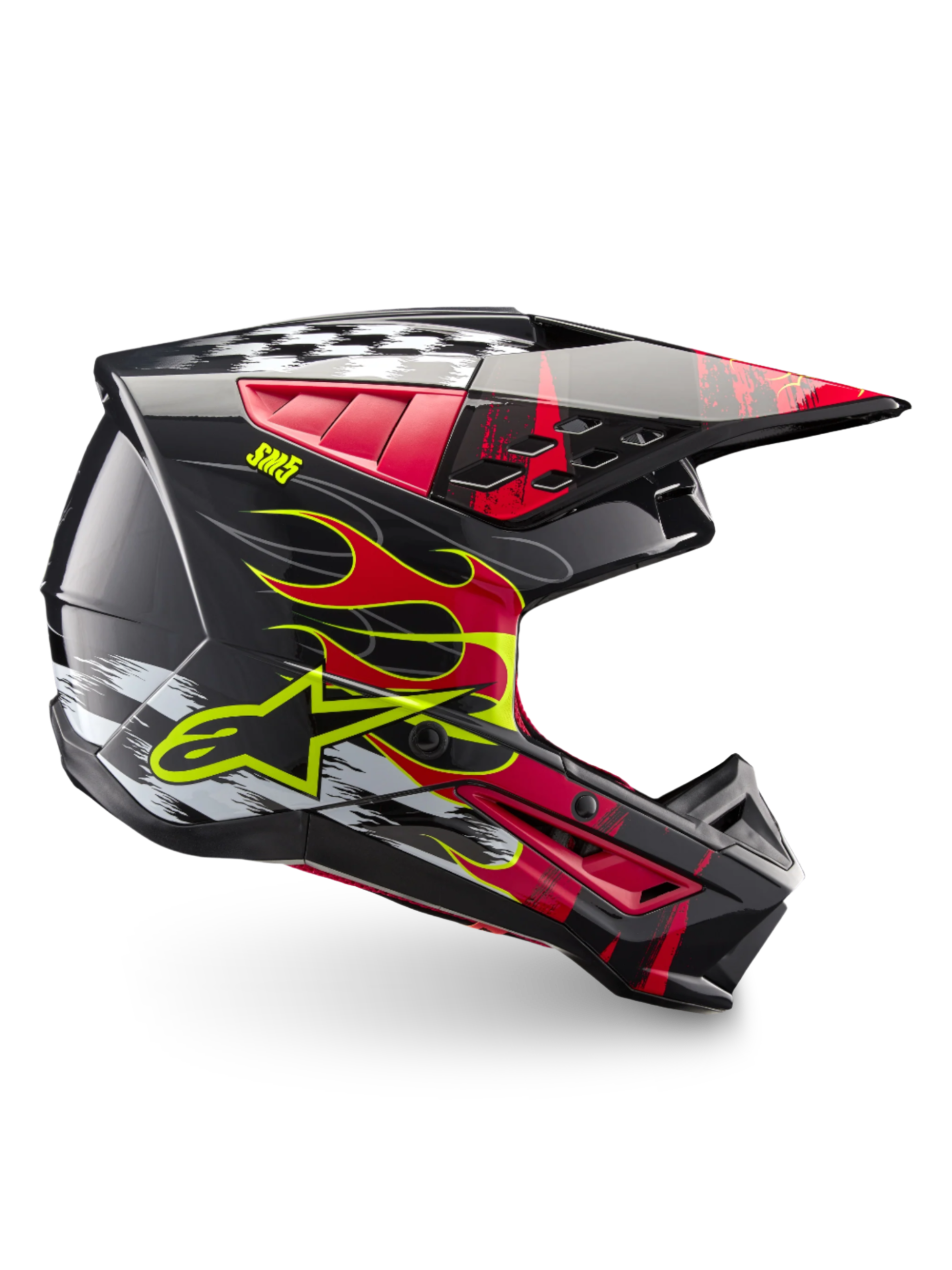 Alpinestars kask S-M5 Rash ECE 22.06, ciemnoszary i jasnoczerwony kask motocrossowy z grafiką płomieni, lekka skorupa
