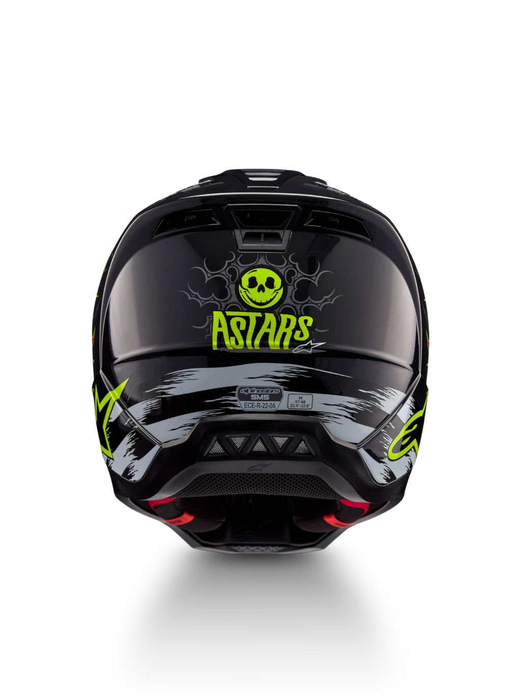 Kask Alpinestars S-M5 Rash, kask motocyklowy motocrossowy, czarny i neonowy żółty, grafika z czaszką i logo ASTARS, widok z tyłu, certyfikat ECE 22.06.
