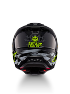Kask Alpinestars S-M5 Rash, kask motocyklowy motocrossowy, czarny i neonowy żółty, grafika z czaszką i logo ASTARS, widok z tyłu, certyfikat ECE 22.06.