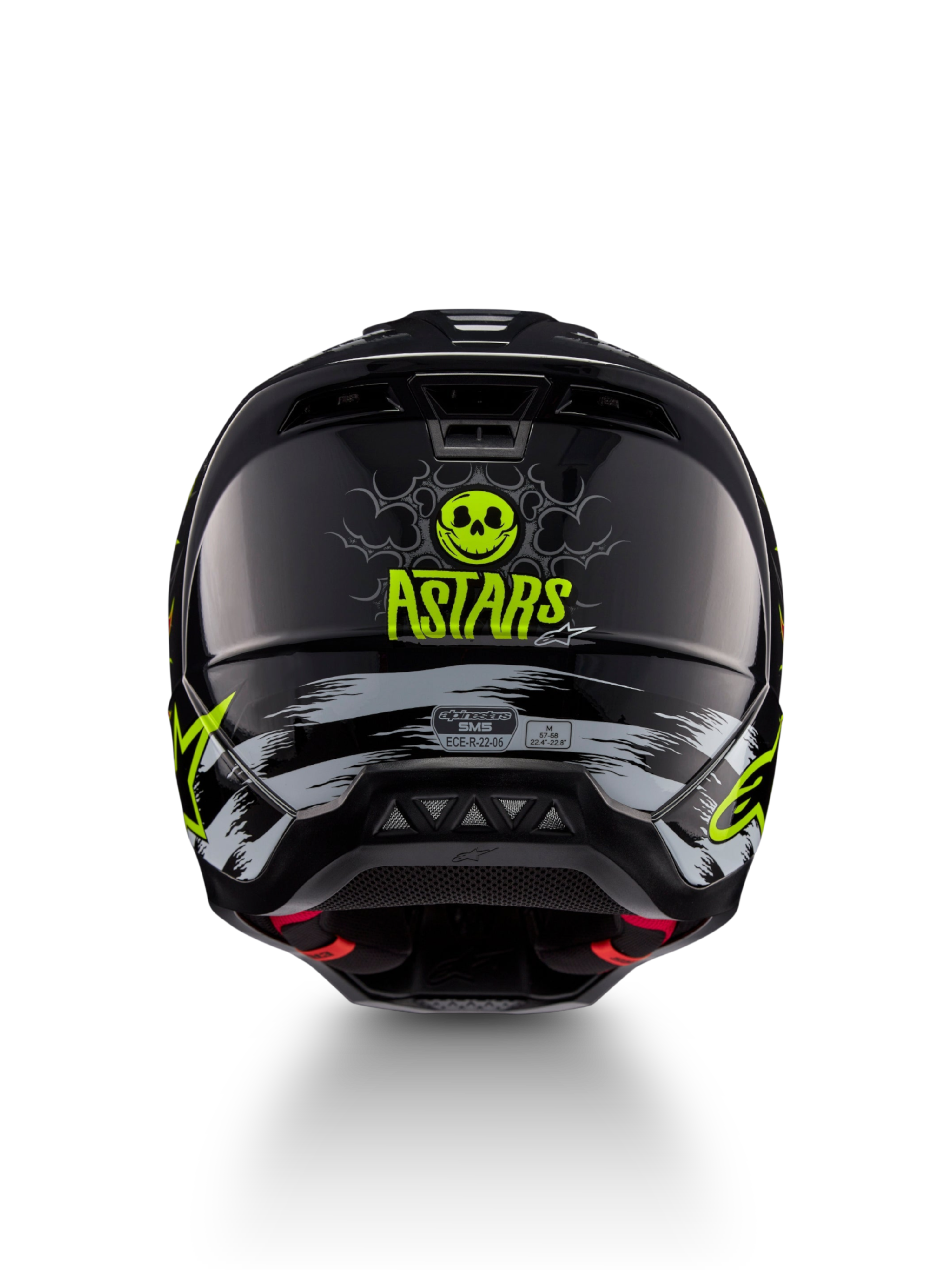 Kask Alpinestars S-M5 Rash, kask motocyklowy motocrossowy, czarny i neonowy żółty, grafika z czaszką i logo ASTARS, widok z tyłu, certyfikat ECE 22.06.