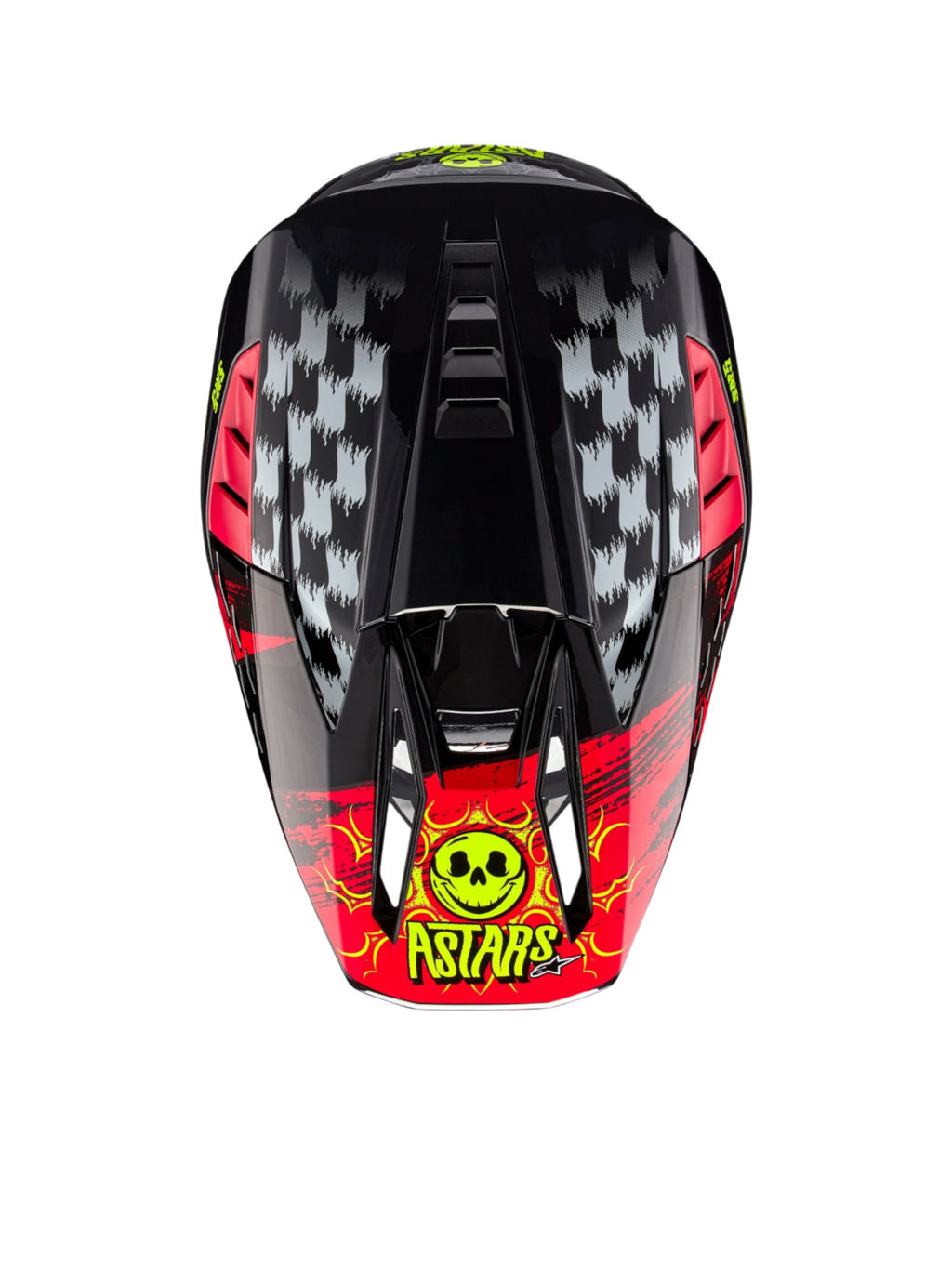 Alpinestars kask S-M5 Rash ECE 22.06, kask motocrossowy MX, ciemnoszary i czerwony, widok z góry z grafiką czaszki.
