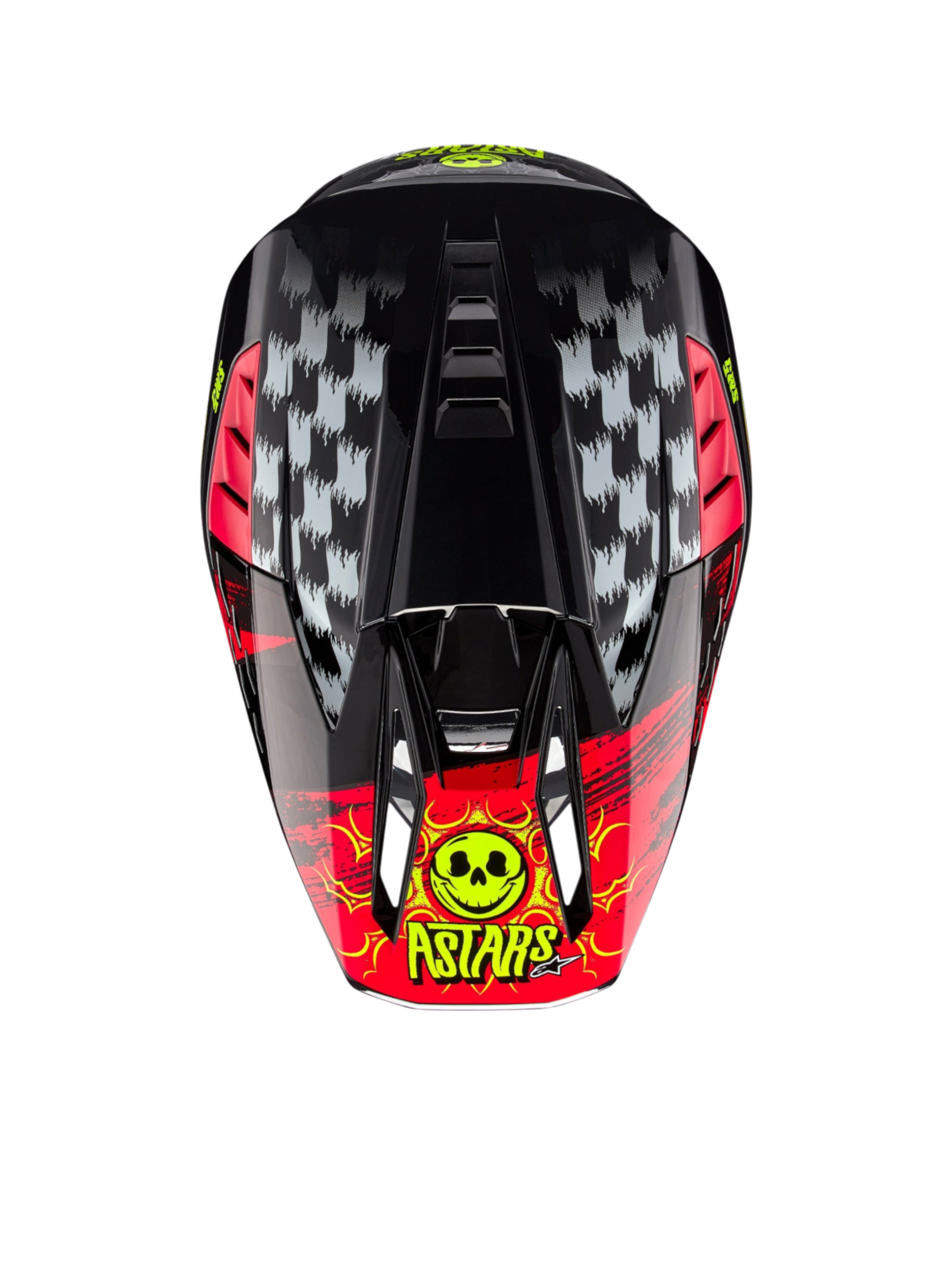 Alpinestars kask S-M5 Rash ECE 22.06, kask motocrossowy MX, ciemnoszary i czerwony, widok z góry z grafiką czaszki.