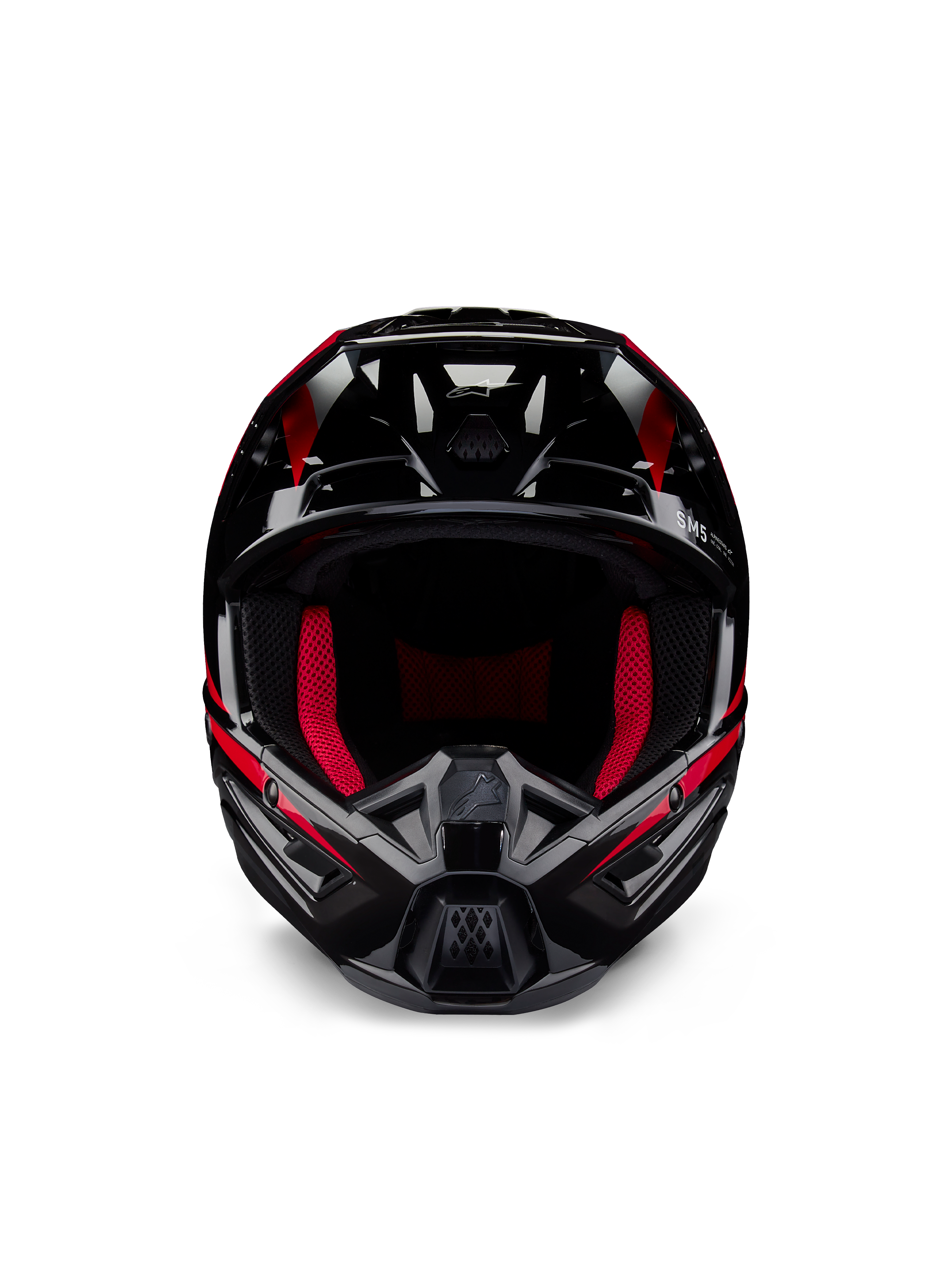 Alpinestars Honda S-M5 Helmet ECE, Motocross Helmet, Black Red Glossy, front-facing view featuring a glossy black finish with red graphics, vibrant red internal padding, angular design with multi-air inlets, high-performance protection for motocross