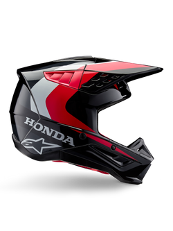 Honda S-M5 Helmet, Motocross Helmet, Black Red Glossy with white and silver accents, side view featuring Honda and Alpinestars logos, aerodynamic design with visor and multiple ventilation ports, professional off-road protective gear