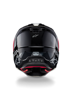 Alpinestars Honda S-M5 Helmet ECE, Motocross Helmet, Black Red Glossy, rear view showing glossy black shell with white Honda and Alpinestars logos, red inner lining, and ECE safety certification label