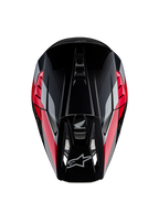 Honda S-M5 Helmet ECE, Motocross Helmet, Black Red Glossy with red and silver graphic stripes, top-down view showing aerodynamic shell and ventilated peak, Alpinestars and Honda logos, high-performance off-road gear