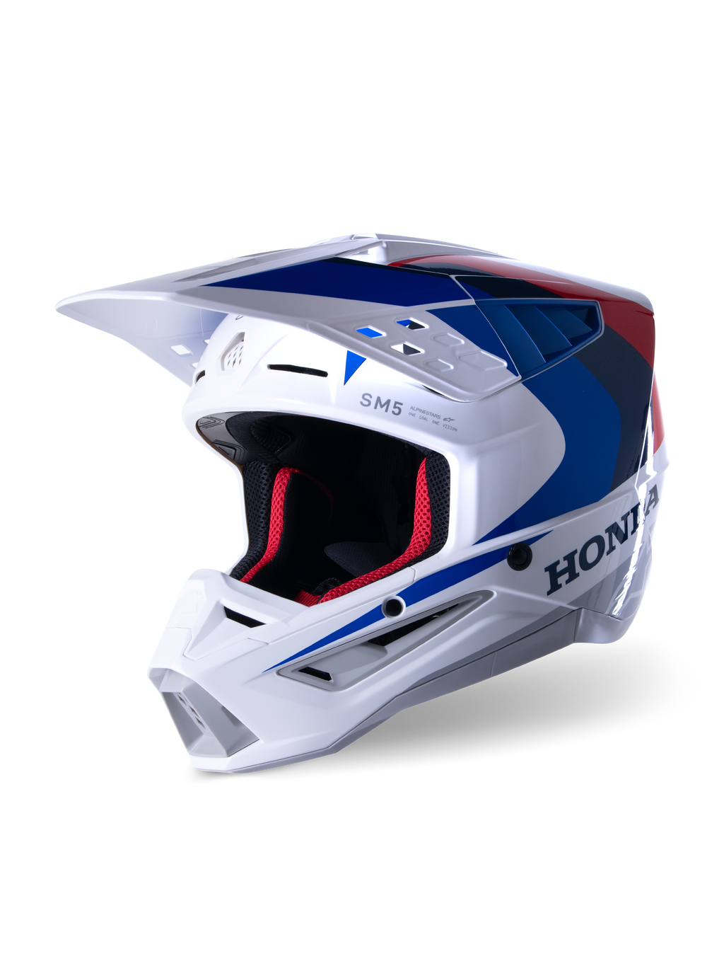 Kask Alpinestars Honda S-M5 ECE, kask motocrossowy, biały, niebieski i czerwony z połyskiem, z wyraźnym logo Honda z boku, czerwona wyściółka z siateczki, aerodynamiczny daszek ze zintegrowanymi wlotami powietrza, nowoczesna grafika do jazdy off-road