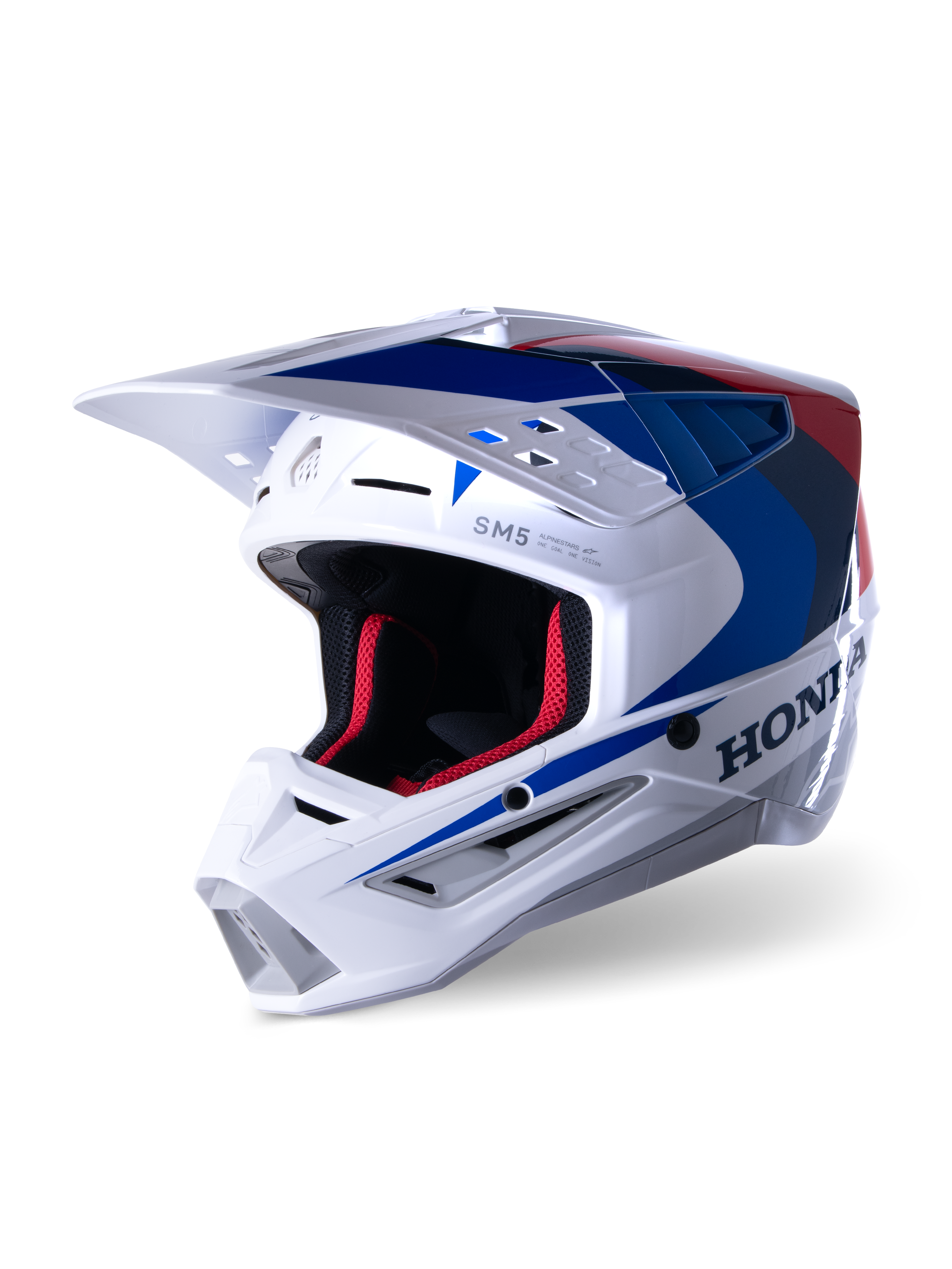 Kask Alpinestars Honda S-M5 ECE, kask motocrossowy, biały, niebieski i czerwony z połyskiem, z wyraźnym logo Honda z boku, czerwona wyściółka z siateczki, aerodynamiczny daszek ze zintegrowanymi wlotami powietrza, nowoczesna grafika do jazdy off-road
