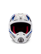 Kask Alpinestars Honda S-M5 ECE, kask motocrossowy, biało-niebiesko-czerwony z połyskiem, widok z przodu ukazujący otwory wentylacyjne i czerwoną wyściółkę wewnętrzną, aerodynamiczna konstrukcja zapewniająca ochronę w wyścigach terenowych