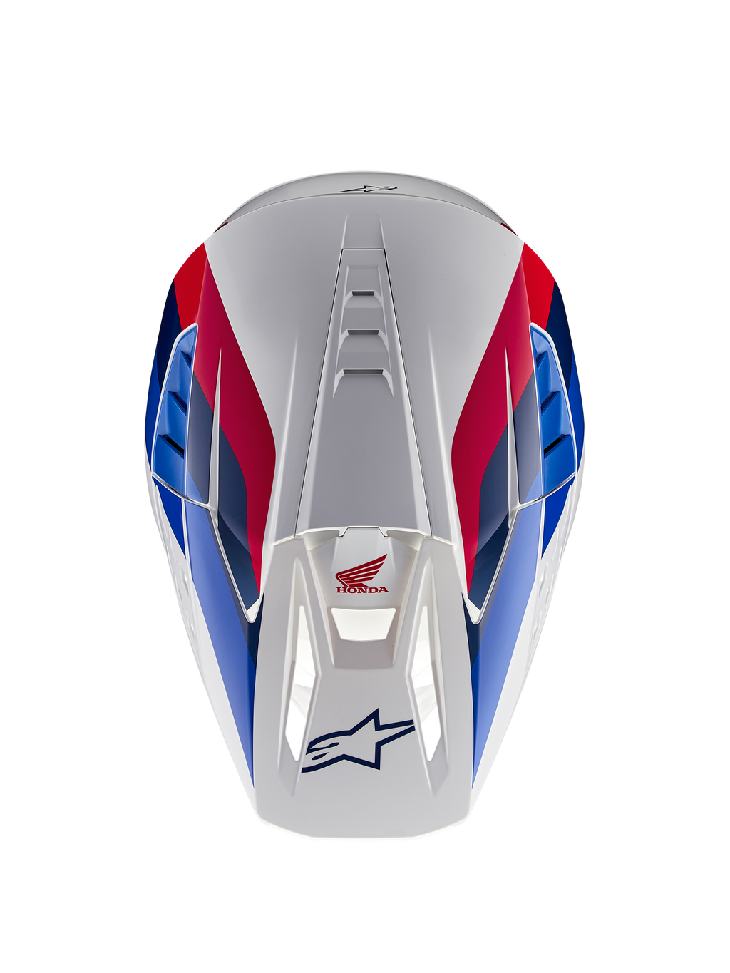 Alpinestars Honda S-M5 Helmet ECE, kask motocrossowy, biało-niebiesko-czerwony z połyskiem, widok z góry eksponujący kanały wentylacyjne, czerwona i niebieska grafika z logo Honda i Alpinestars